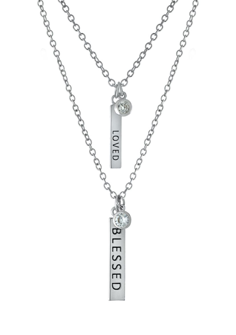 Boxed Fine Silver Plated 16" + 2" Blessed and 14" + 2" Loved Bar with Cubic Zirconia Mom & Me Necklace Set