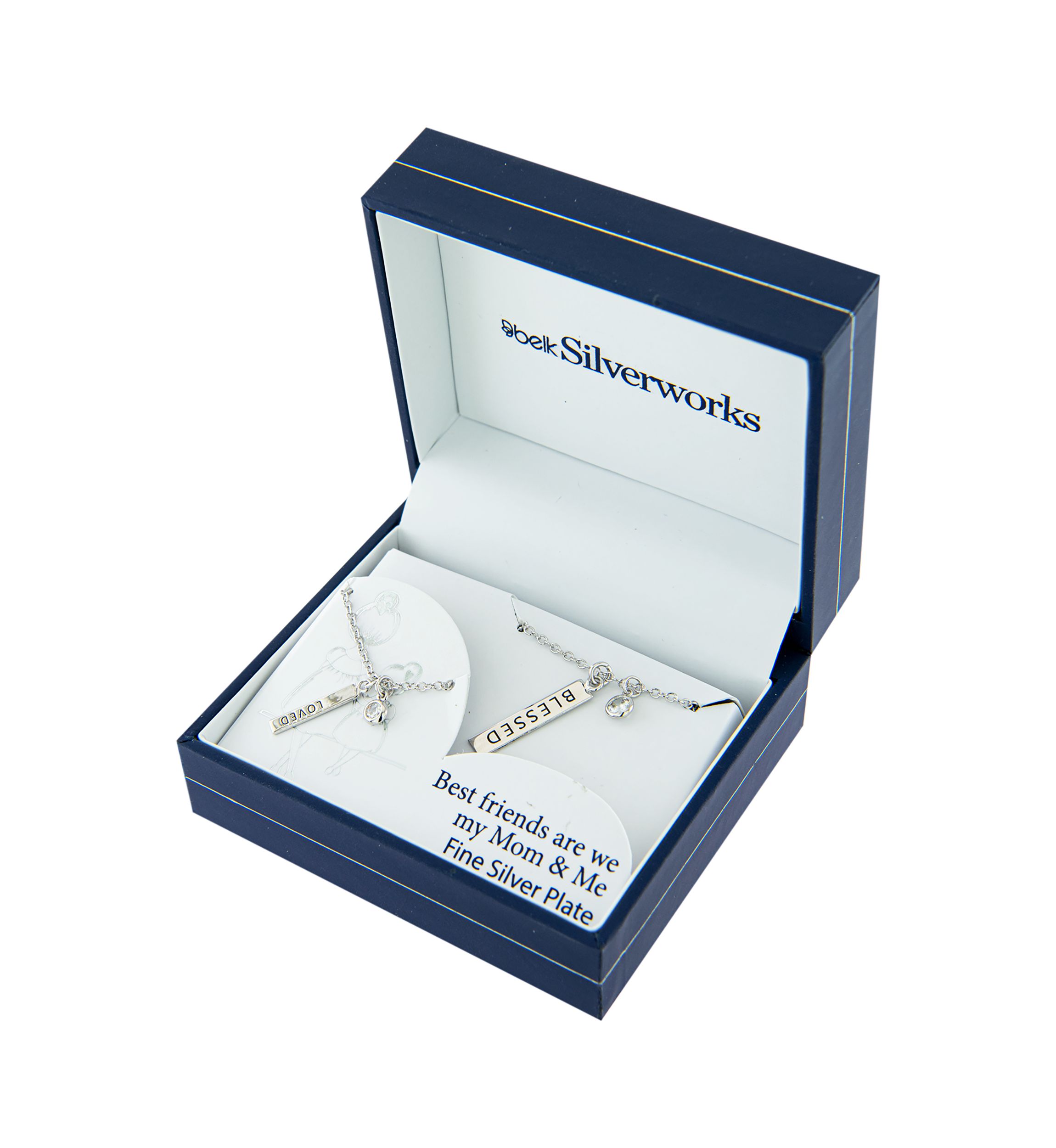 Boxed Fine Silver Plated 16" + 2" Blessed and 14" + 2" Loved Bar with Cubic Zirconia Mom & Me Necklace Set