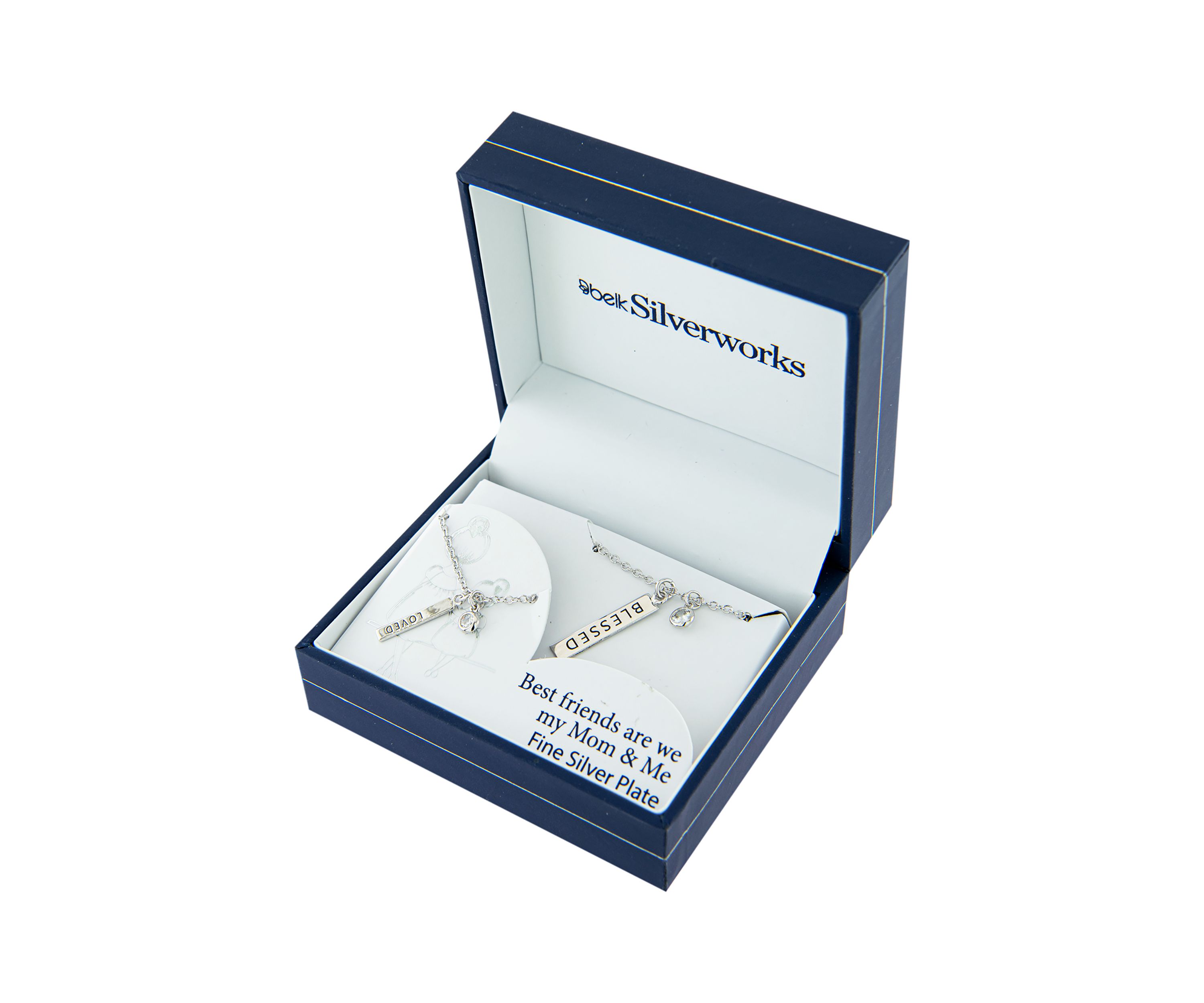 Boxed Fine Silver Plated 16" + 2" Blessed and 14" + 2" Loved Bar with Cubic Zirconia Mom & Me Necklace Set