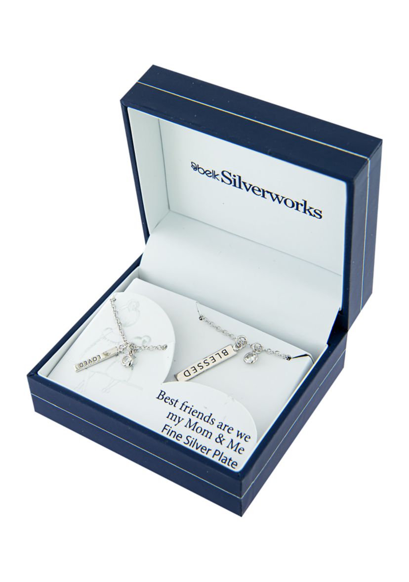 Boxed Fine Silver Plated 16" + 2" Blessed and 14" + 2" Loved Bar with Cubic Zirconia Mom & Me Necklace Set