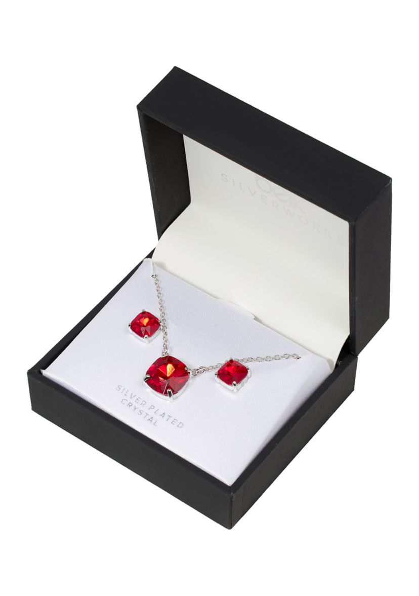 16" + 2" 12 Millimeter Crystal Cushion Necklace and 8 Millimeter Stud Earring Set - Boxed