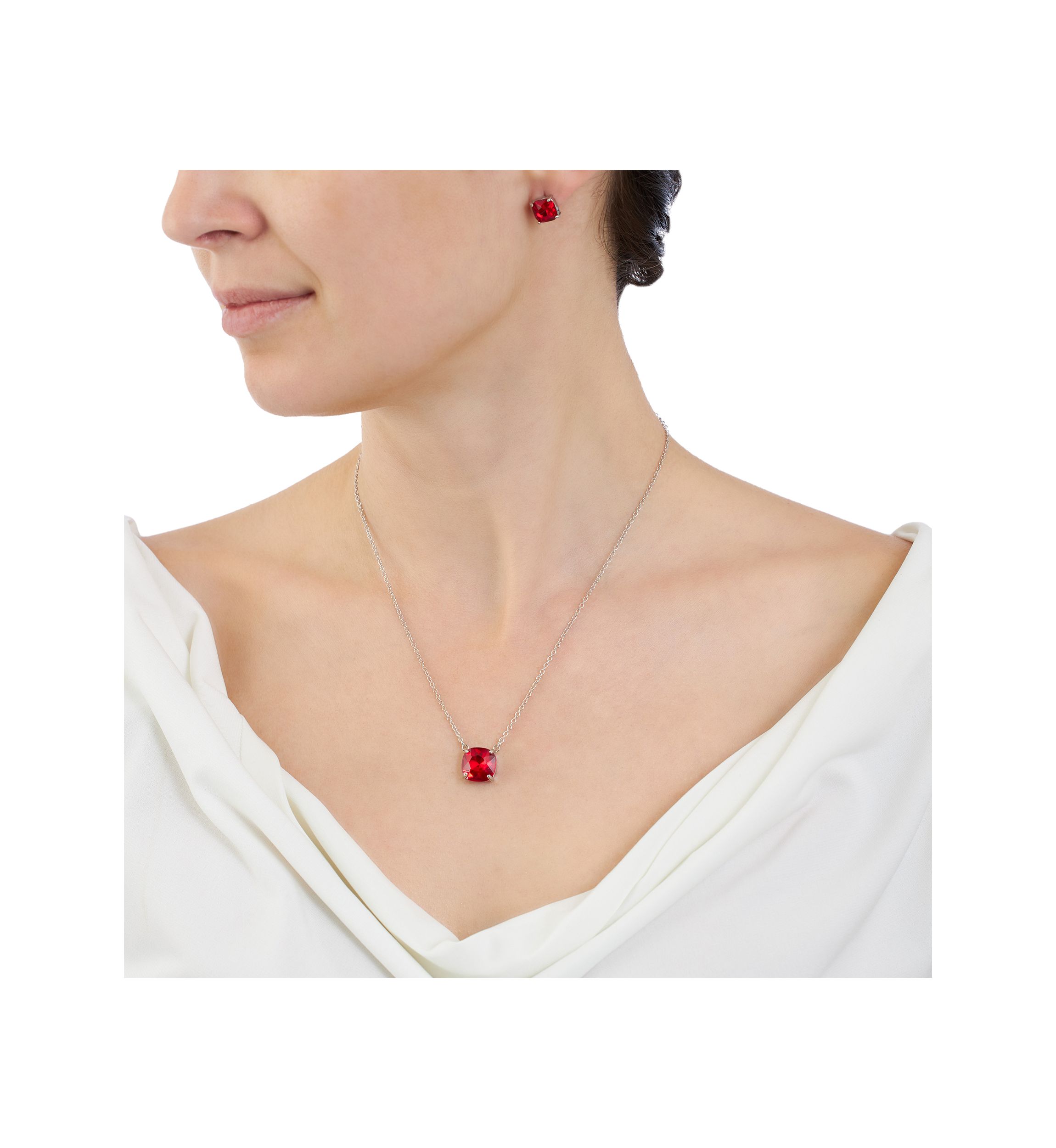 16" + 2" 12 Millimeter Crystal Cushion Necklace and 8 Millimeter Stud Earring Set - Boxed