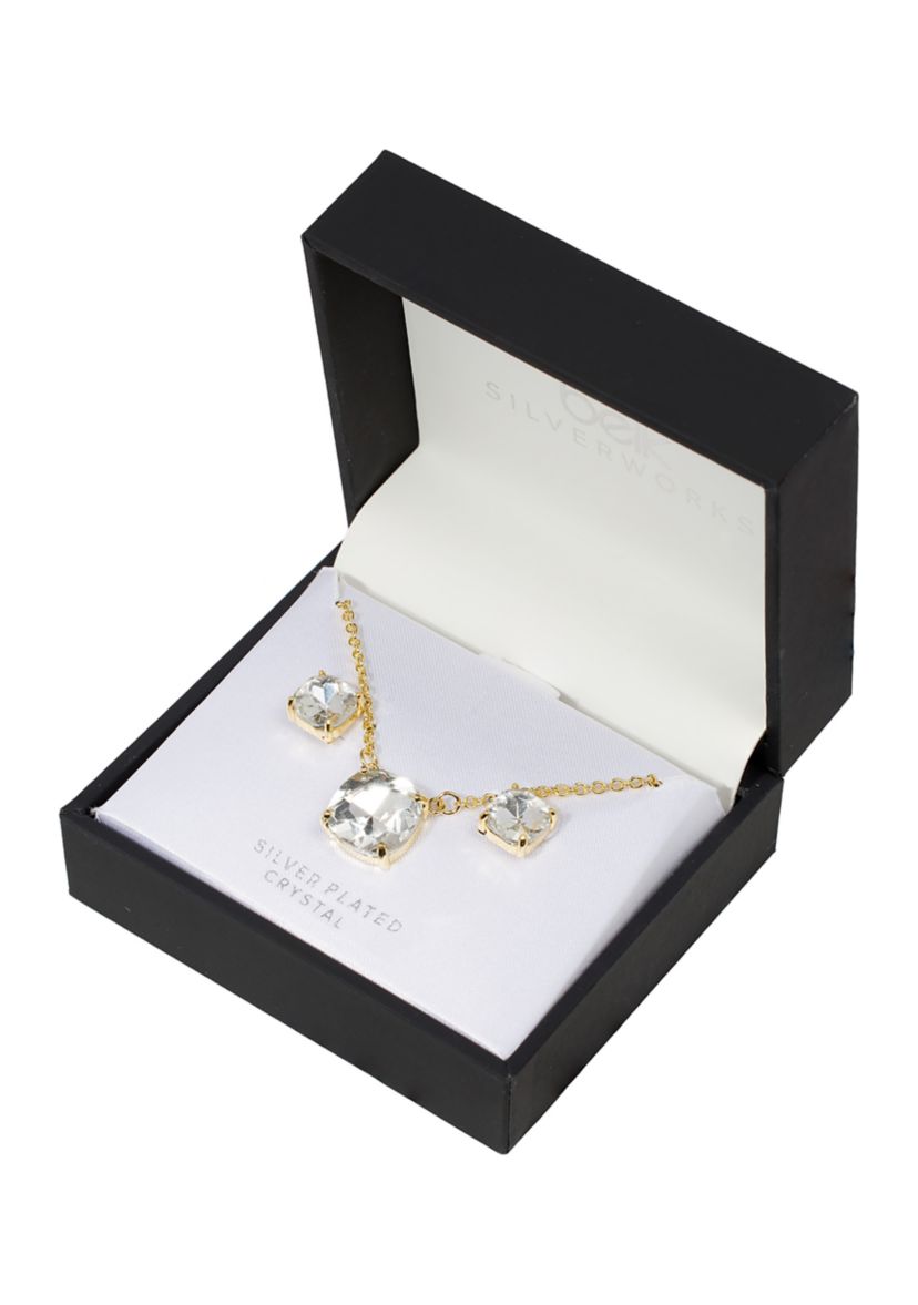 16" + 2" 12 Millimeter Crystal Cushion Necklace and 8 Millimeter Stud Earring Set - Boxed