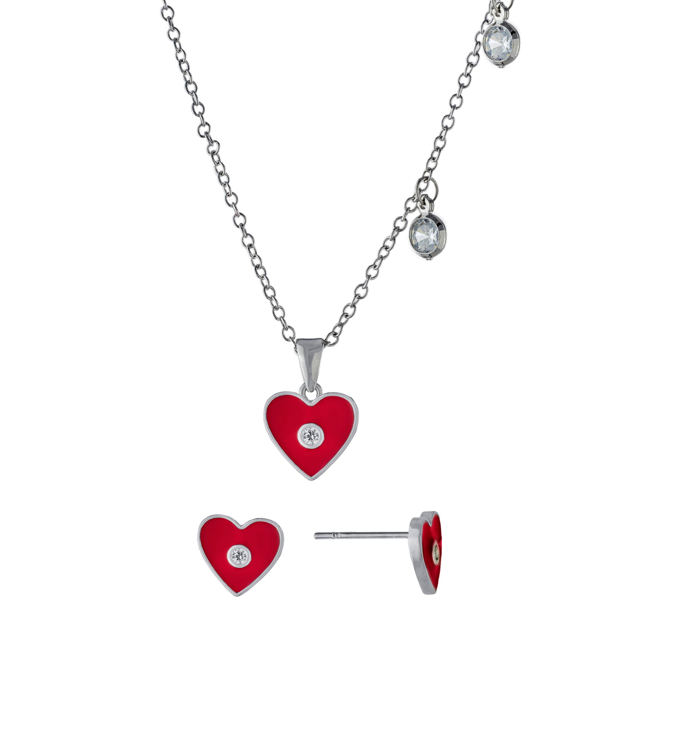 Boxed Fine Silver Plated Red Enamel and Cubic Zirconia Heart Necklace and Stud Earring Set