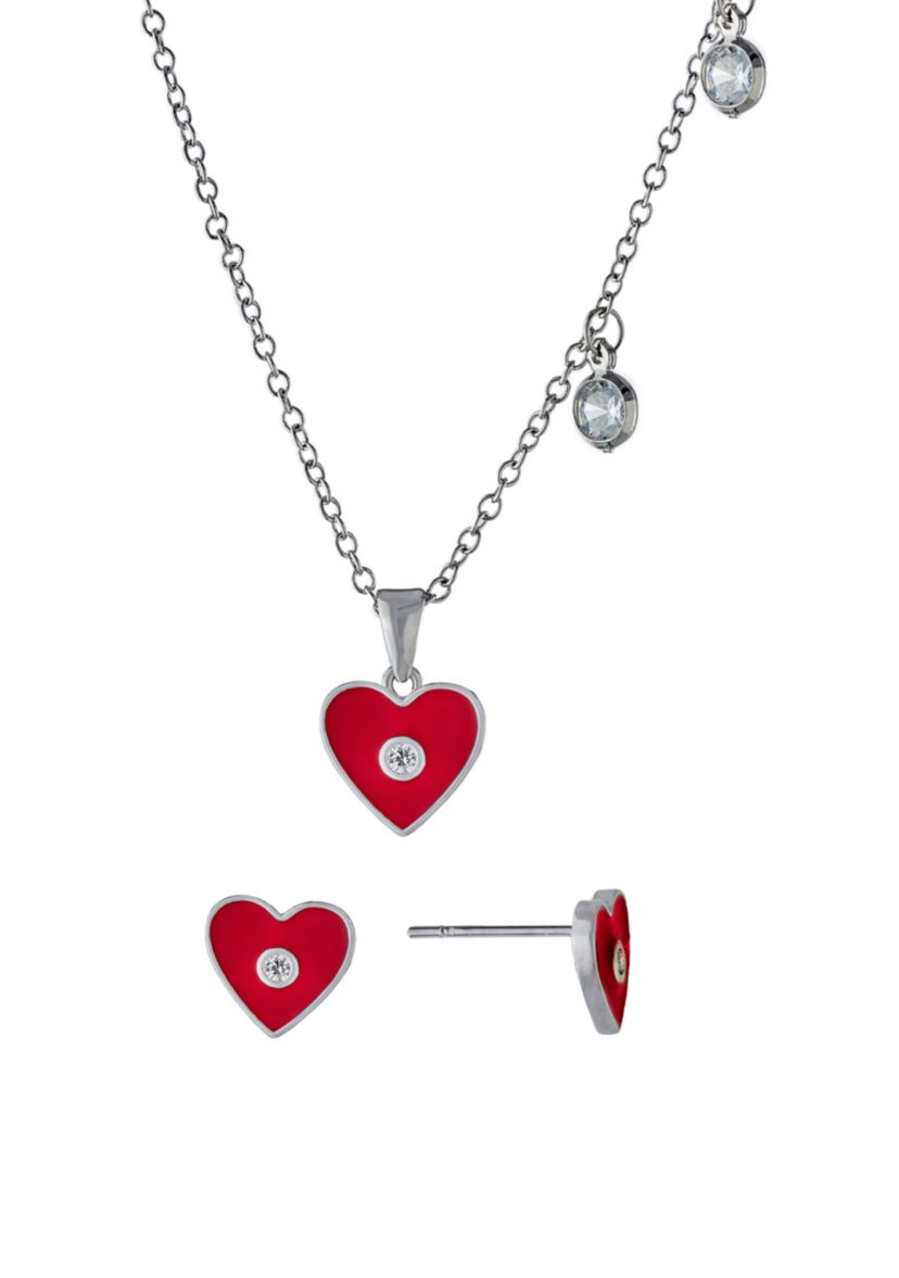 Boxed Fine Silver Plated Red Enamel and Cubic Zirconia Heart Necklace and Stud Earring Set