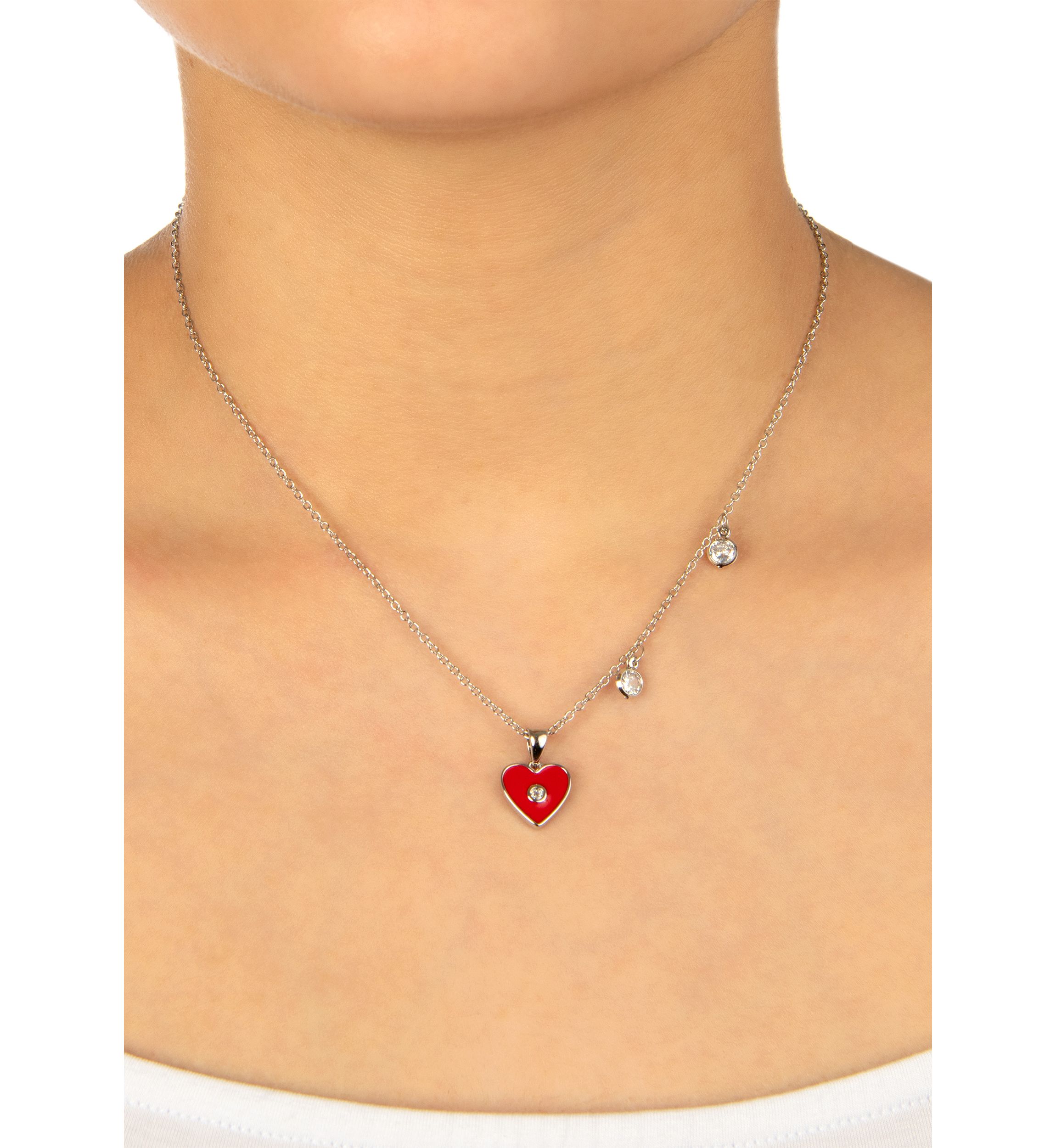Boxed Fine Silver Plated Red Enamel and Cubic Zirconia Heart Necklace and Stud Earring Set