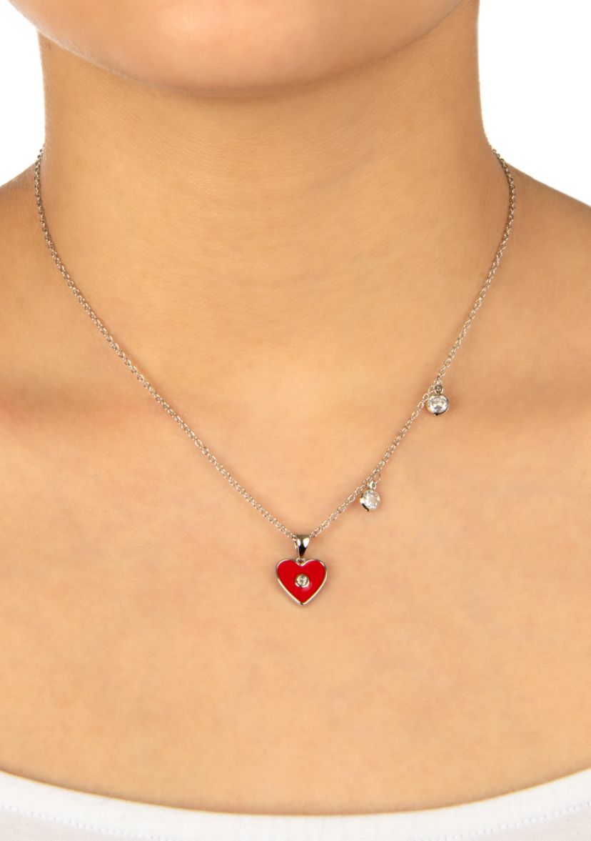 Boxed Fine Silver Plated Red Enamel and Cubic Zirconia Heart Necklace and Stud Earring Set