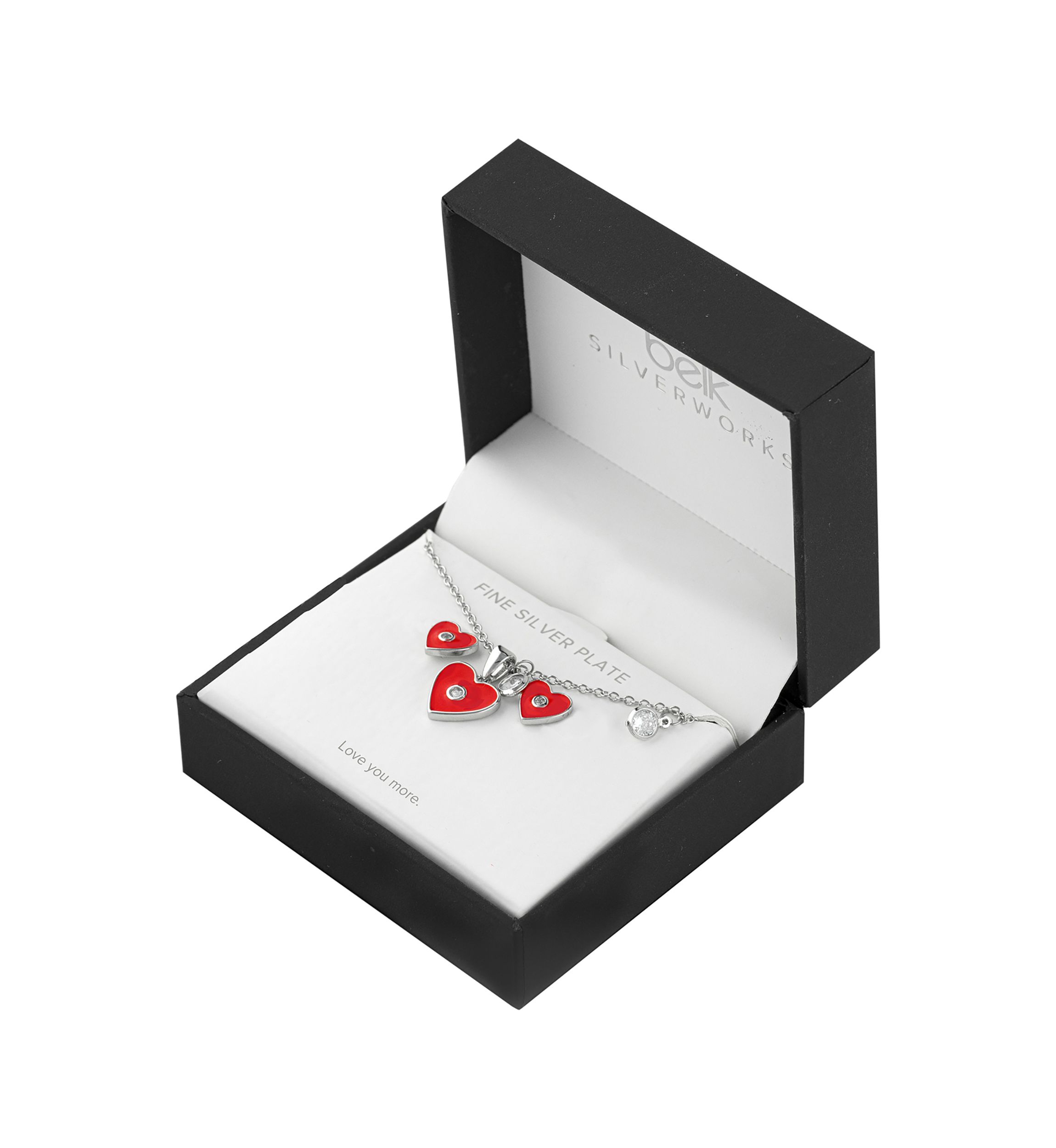Boxed Fine Silver Plated Red Enamel and Cubic Zirconia Heart Necklace and Stud Earring Set