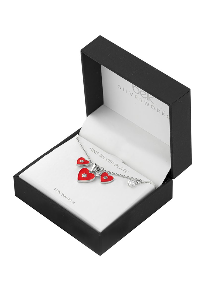 Boxed Fine Silver Plated Red Enamel and Cubic Zirconia Heart Necklace and Stud Earring Set