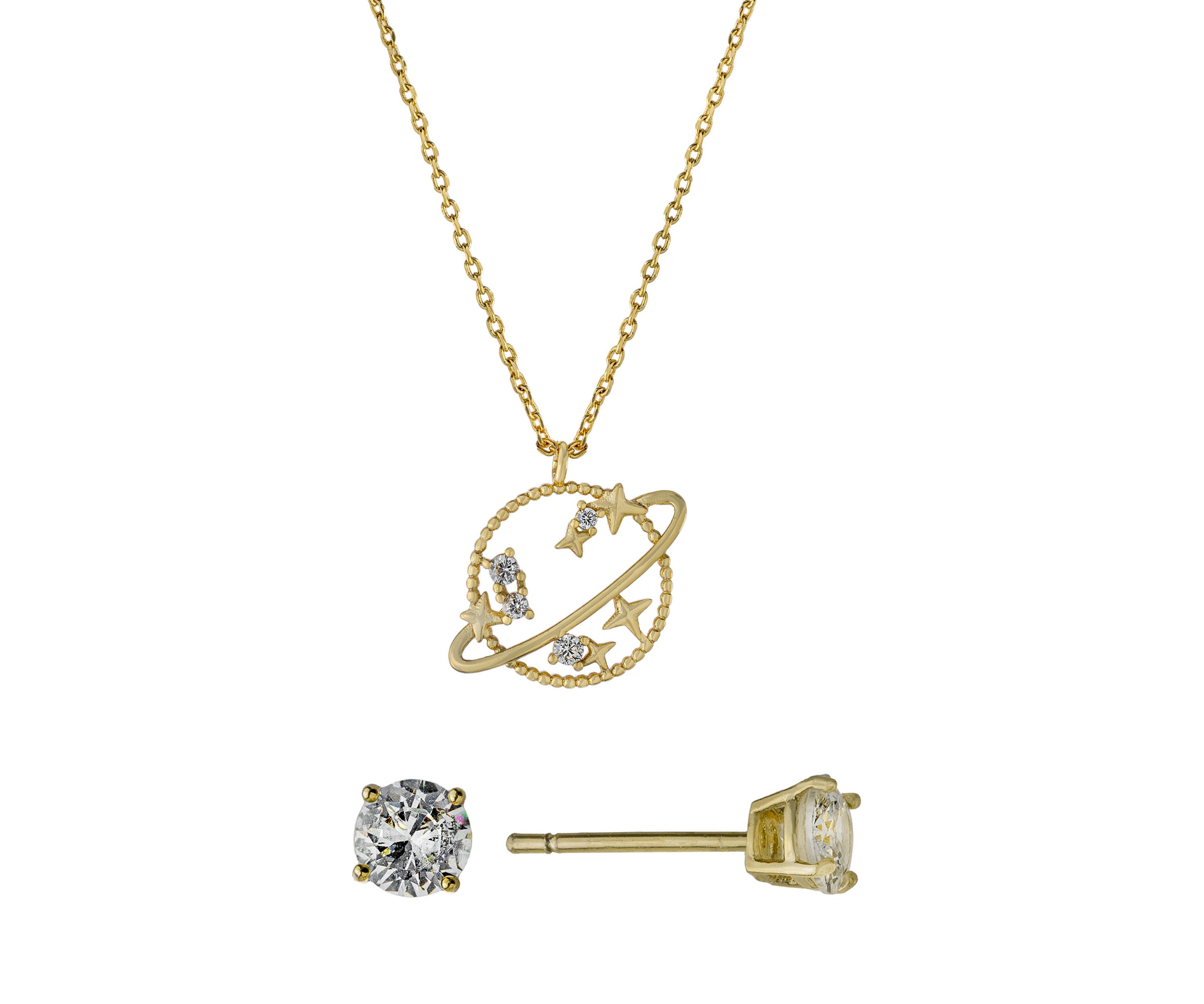 Boxed Gold Over Fine Silver Plated 16+2" Cubic Zirconia Saturn Pendant and Solitare Stud Earring Set