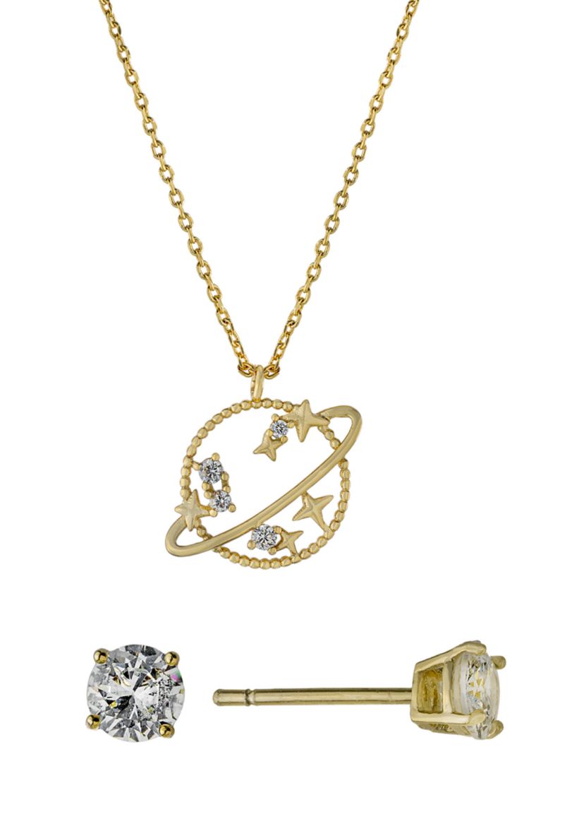 Boxed Gold Over Fine Silver Plated 16+2" Cubic Zirconia Saturn Pendant and Solitare Stud Earring Set