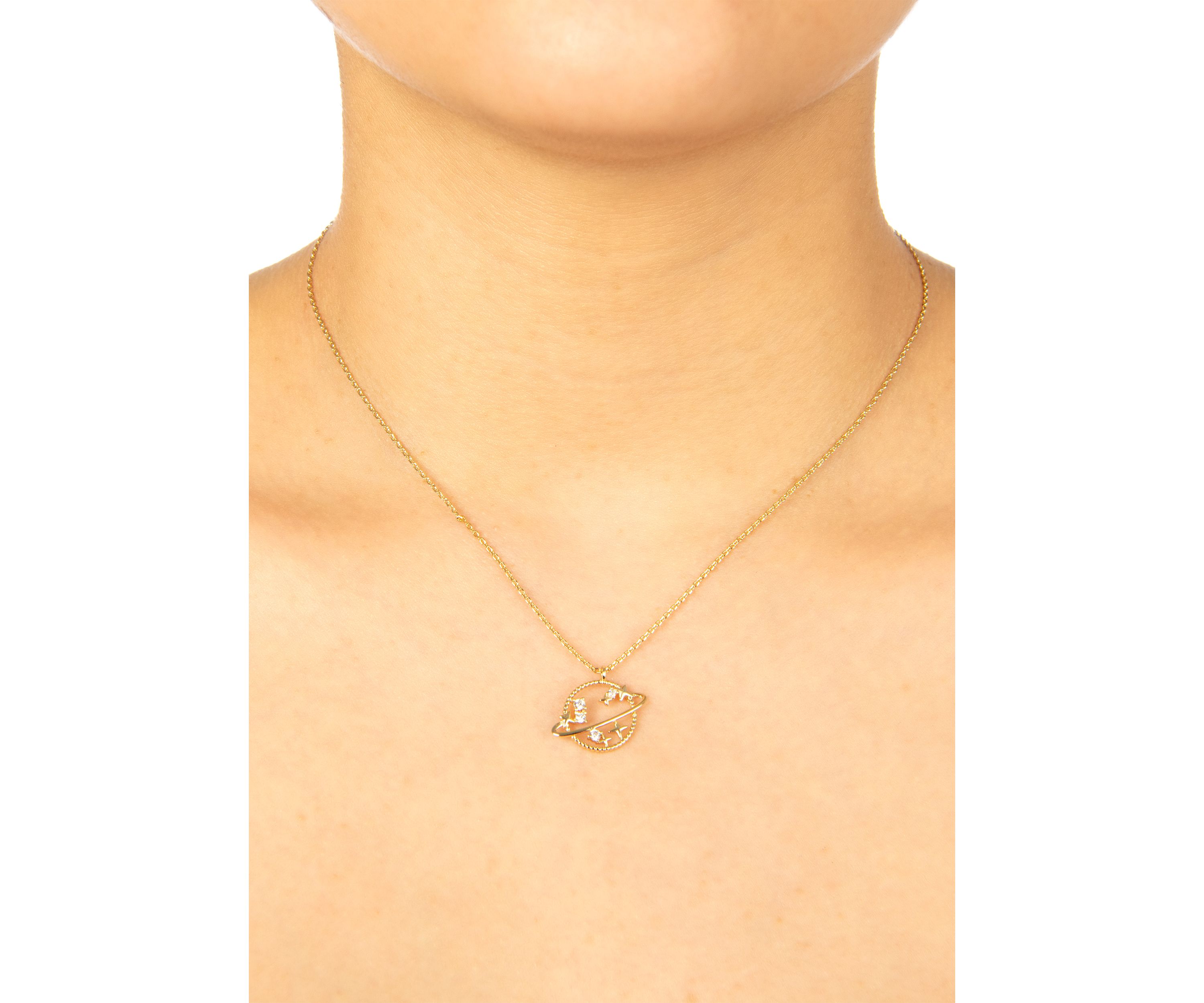 Boxed Gold Over Fine Silver Plated 16+2" Cubic Zirconia Saturn Pendant and Solitare Stud Earring Set