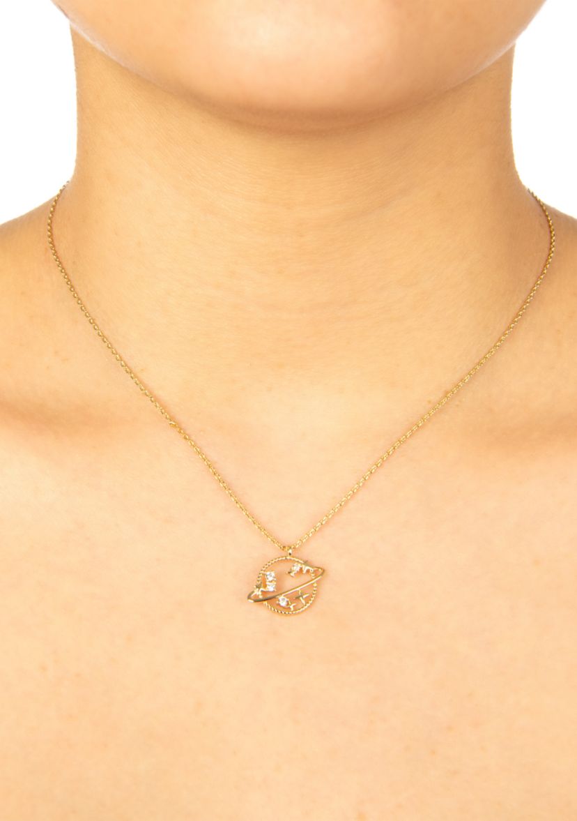 Boxed Gold Over Fine Silver Plated 16+2" Cubic Zirconia Saturn Pendant and Solitare Stud Earring Set