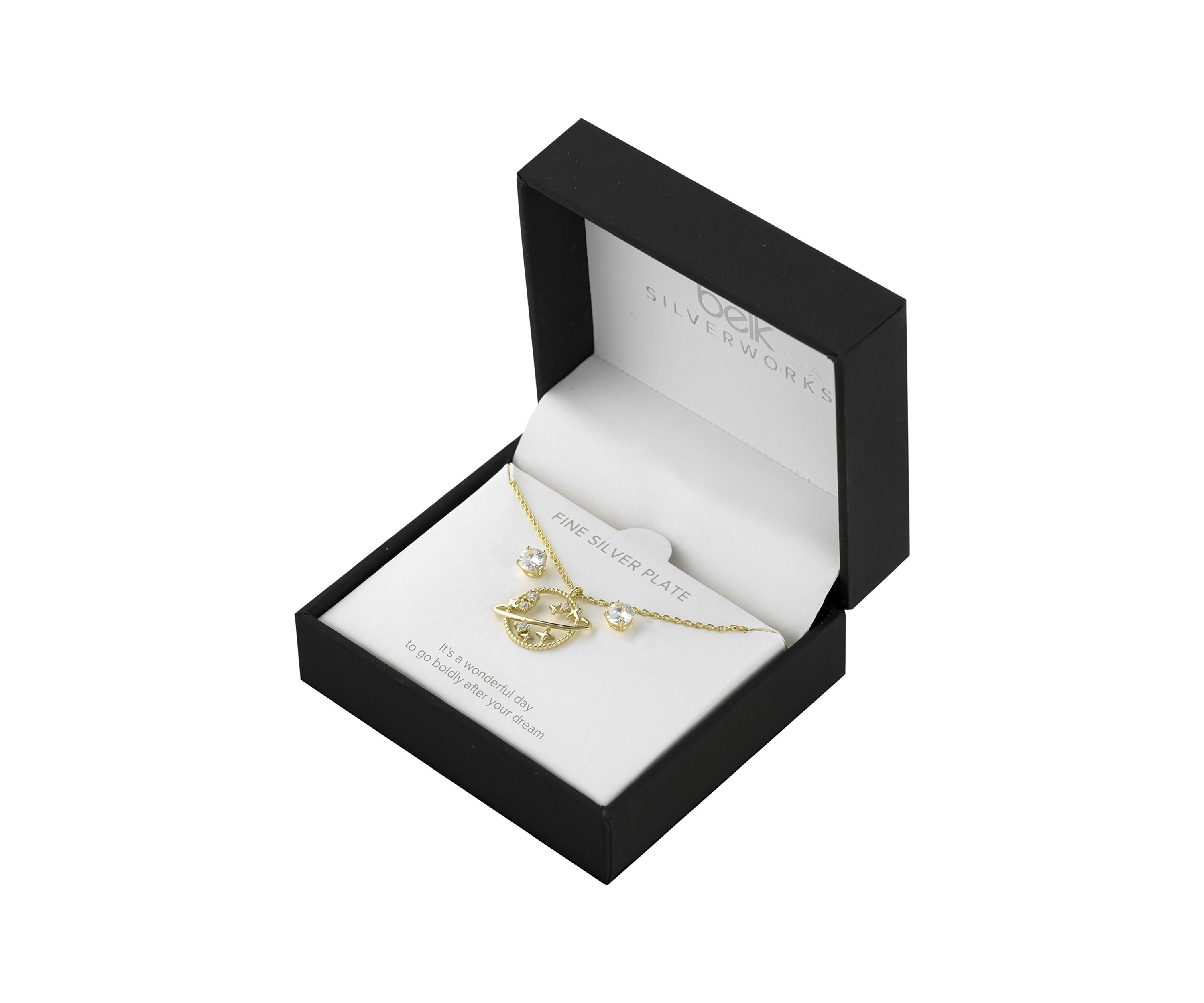 Boxed Gold Over Fine Silver Plated 16+2" Cubic Zirconia Saturn Pendant and Solitare Stud Earring Set