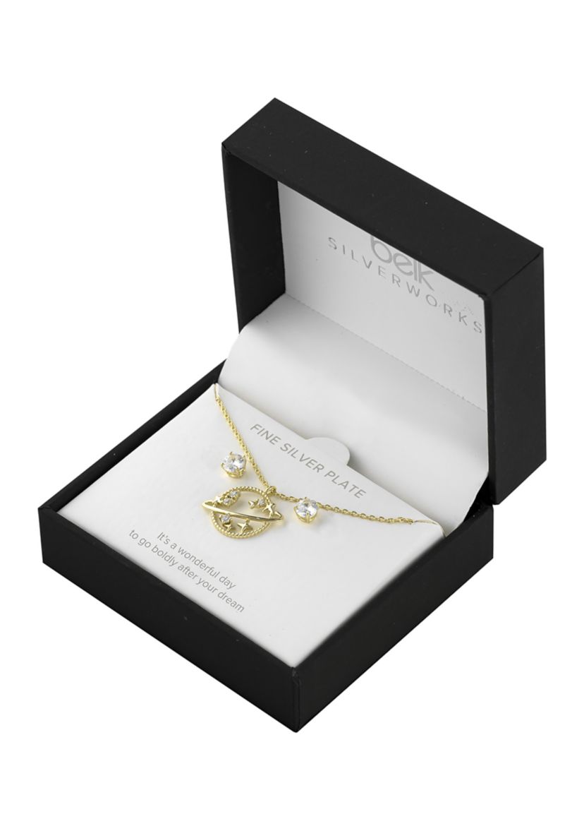Boxed Gold Over Fine Silver Plated 16+2" Cubic Zirconia Saturn Pendant and Solitare Stud Earring Set