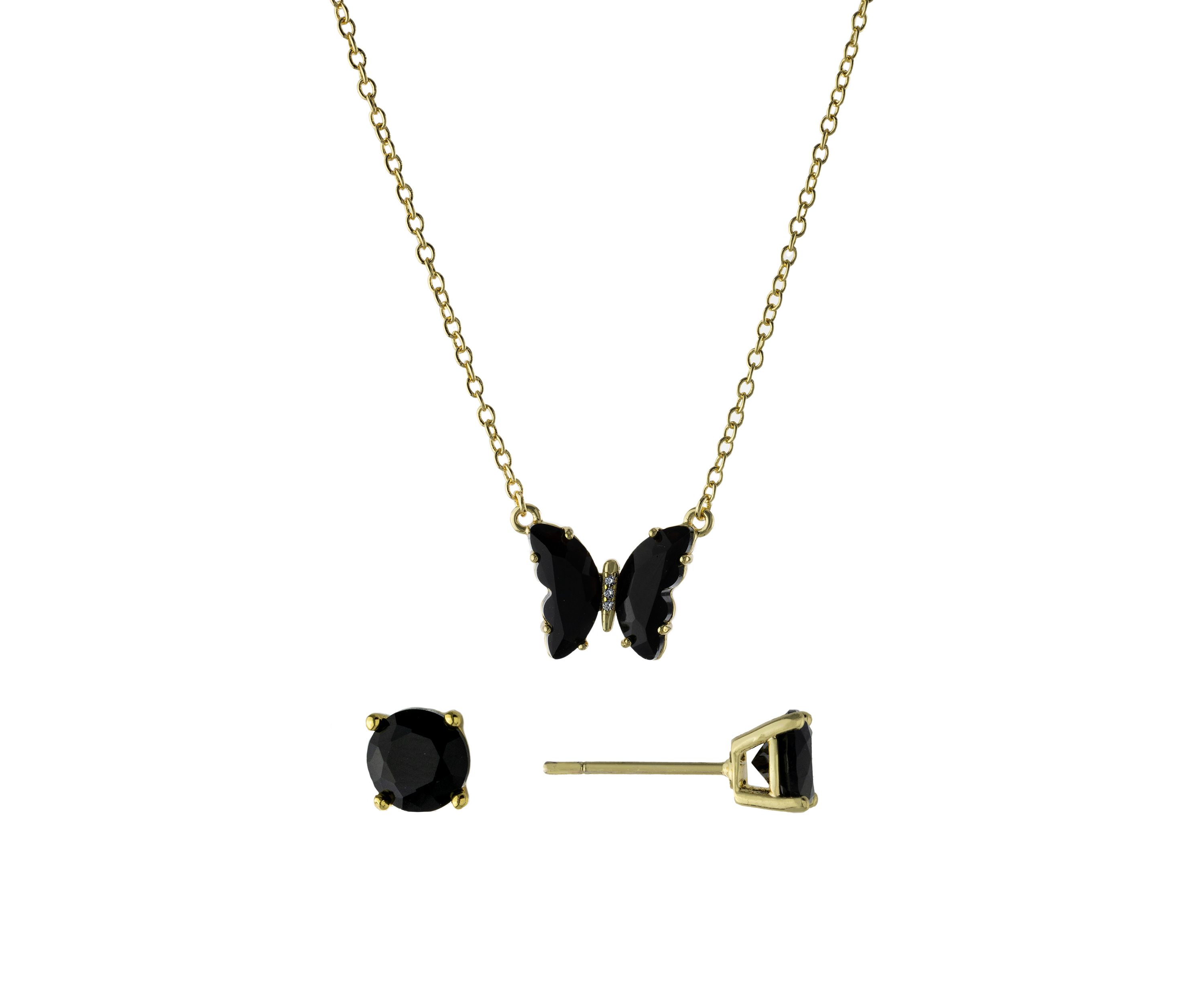 Boxed Gold Over Silver Plated Crystal and Cubic Zirconia Butterfly Necklace and Stud Earrings Set 