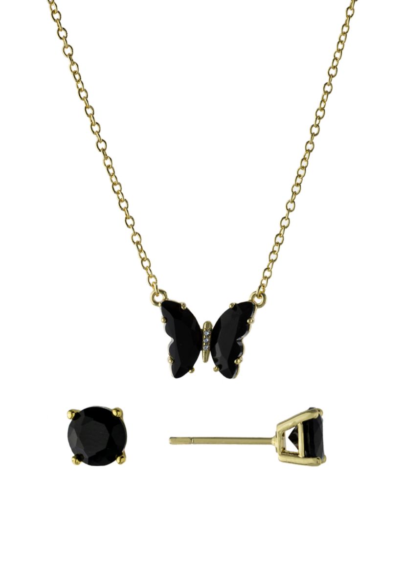 Boxed Gold Over Silver Plated Crystal and Cubic Zirconia Butterfly Necklace and Stud Earrings Set 
