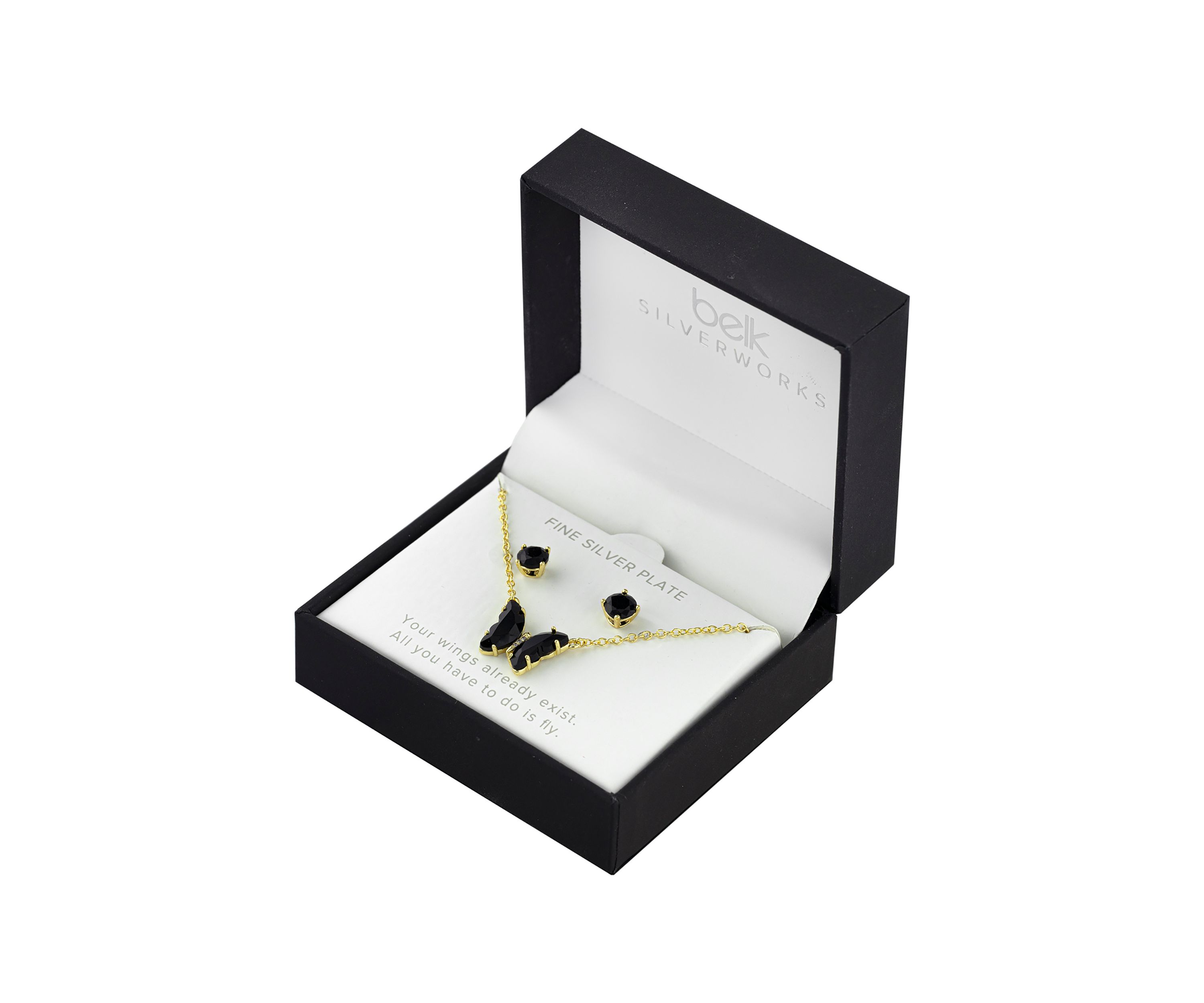 Boxed Gold Over Silver Plated Crystal and Cubic Zirconia Butterfly Necklace and Stud Earrings Set 