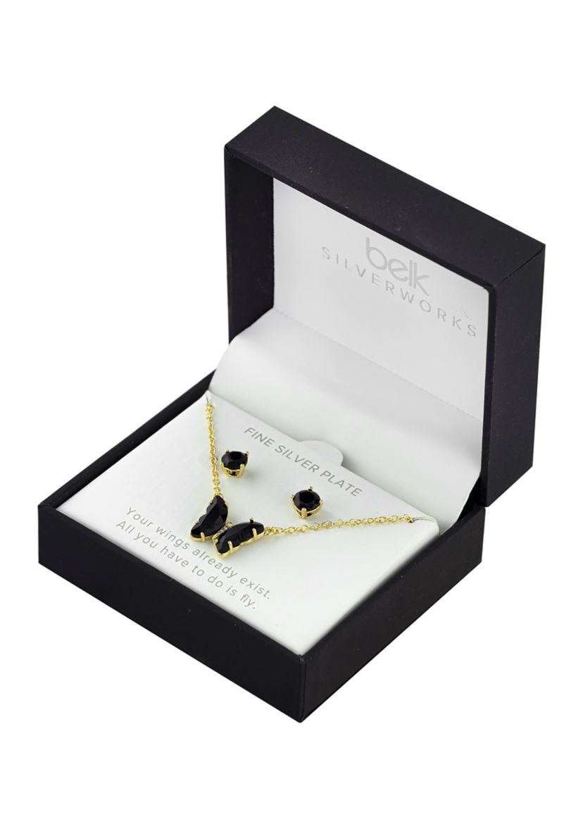 Boxed Gold Over Silver Plated Crystal and Cubic Zirconia Butterfly Necklace and Stud Earrings Set 