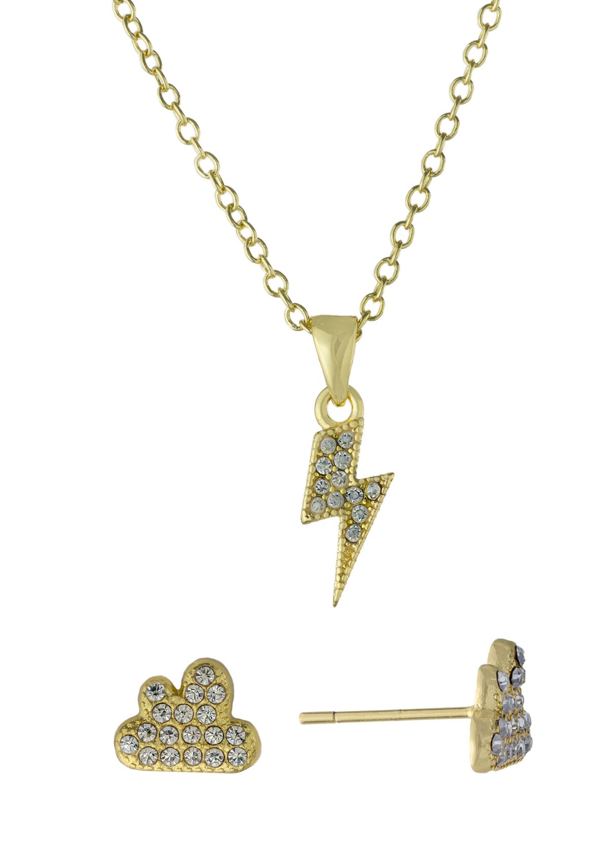 Boxed Gold Over Fine Silver Plated 16+2" Crystal Pavé Lightning Bolt Pendant Necklace and Cloud Stud Earrings Set