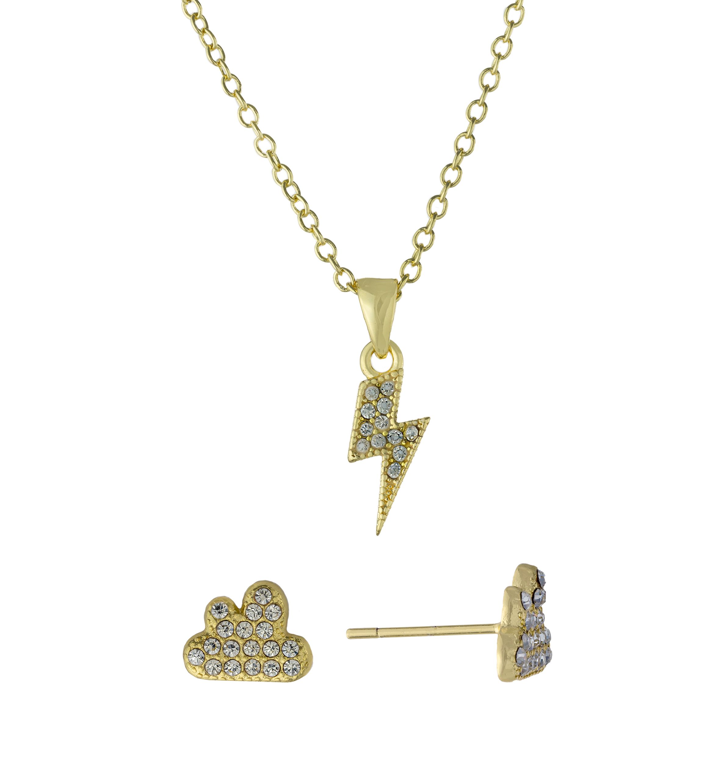 Boxed Gold Over Fine Silver Plated 16+2" Crystal Pavé Lightning Bolt Pendant Necklace and Cloud Stud Earrings Set