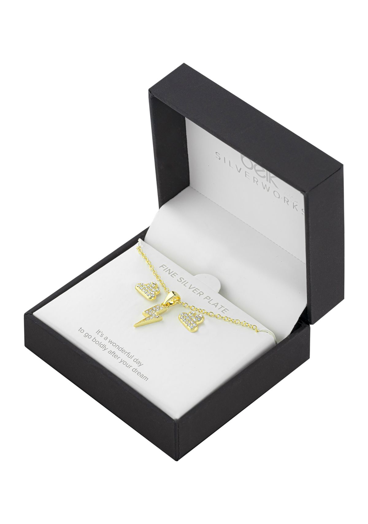 Boxed Gold Over Fine Silver Plated 16+2" Crystal Pavé Lightning Bolt Pendant Necklace and Cloud Stud Earrings Set