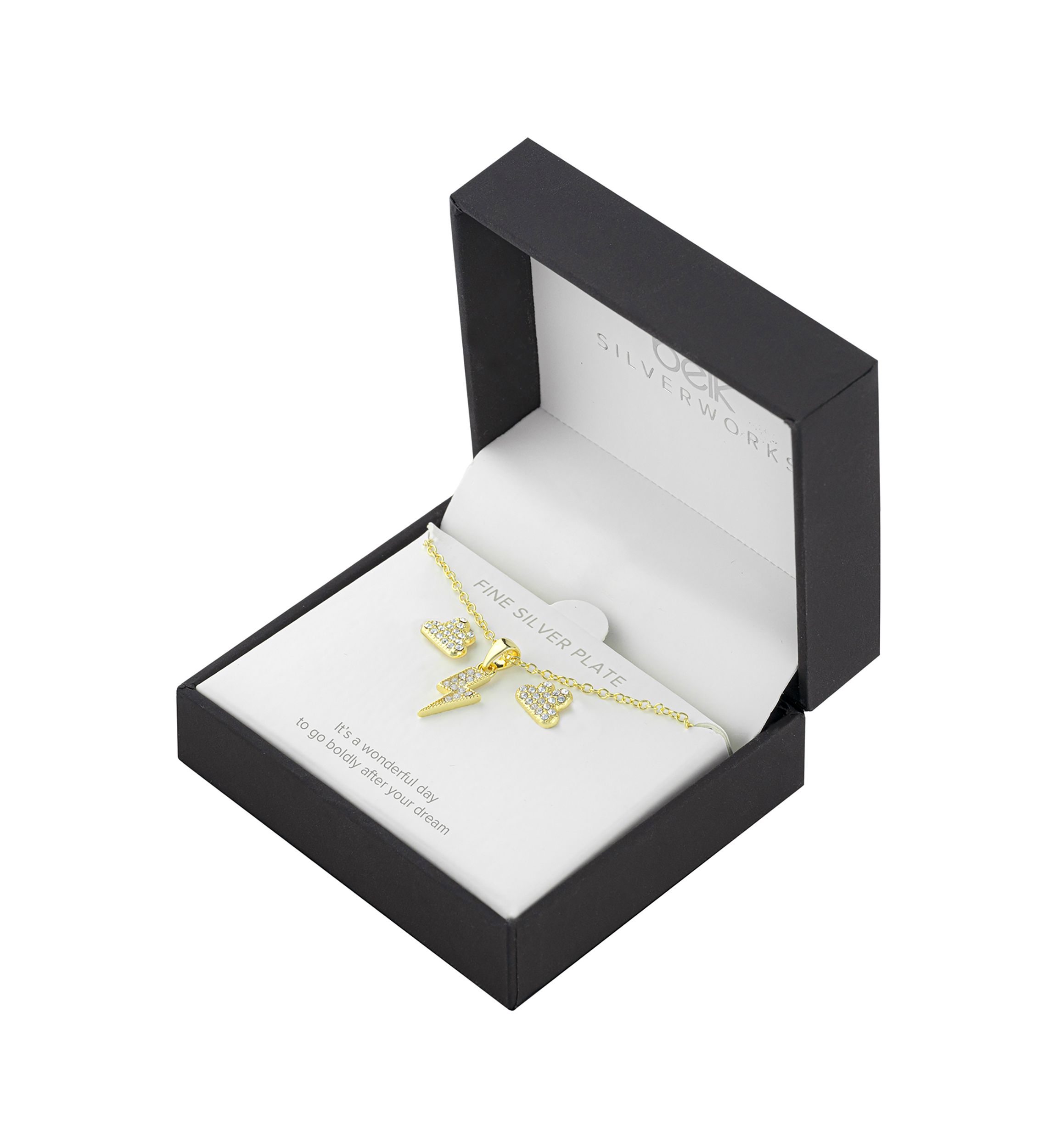Boxed Gold Over Fine Silver Plated 16+2" Crystal Pavé Lightning Bolt Pendant Necklace and Cloud Stud Earrings Set