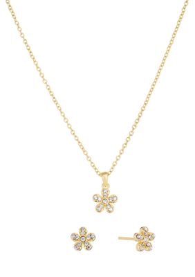 Belk Silverworks Gold Plated Cubic Zirconia Pave Daisy Flower Earring and Necklace Set