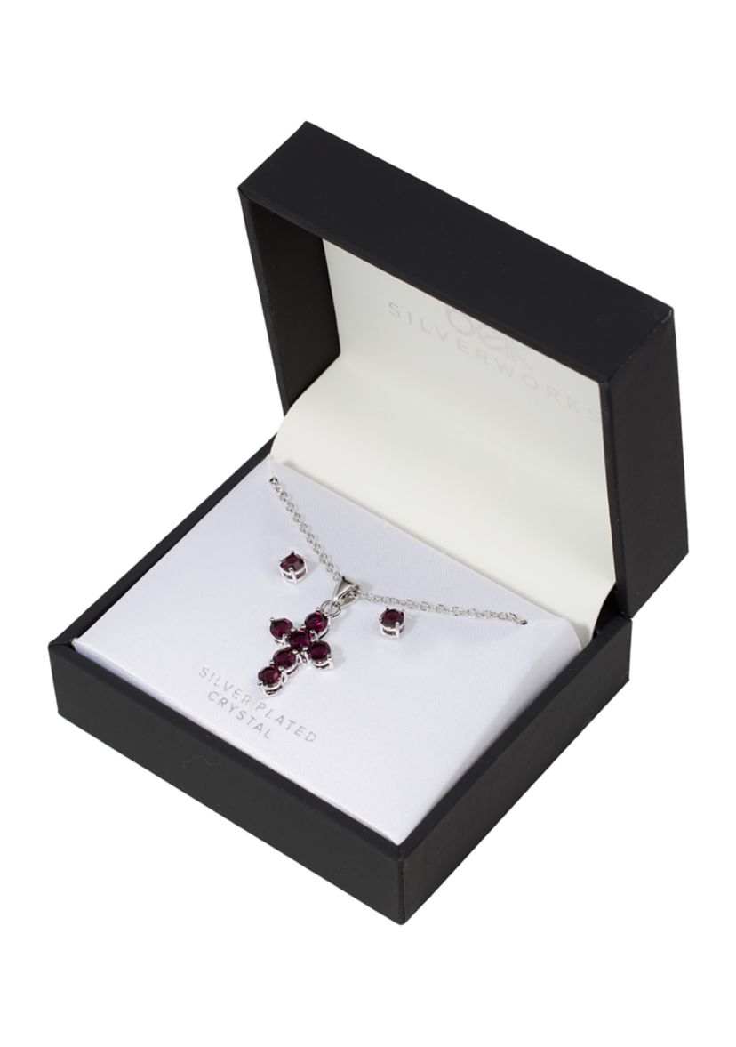 Silver Plated 18" Crystal Cross Necklace and 4 Millimeter Crystal Stud Earring Set - Boxed