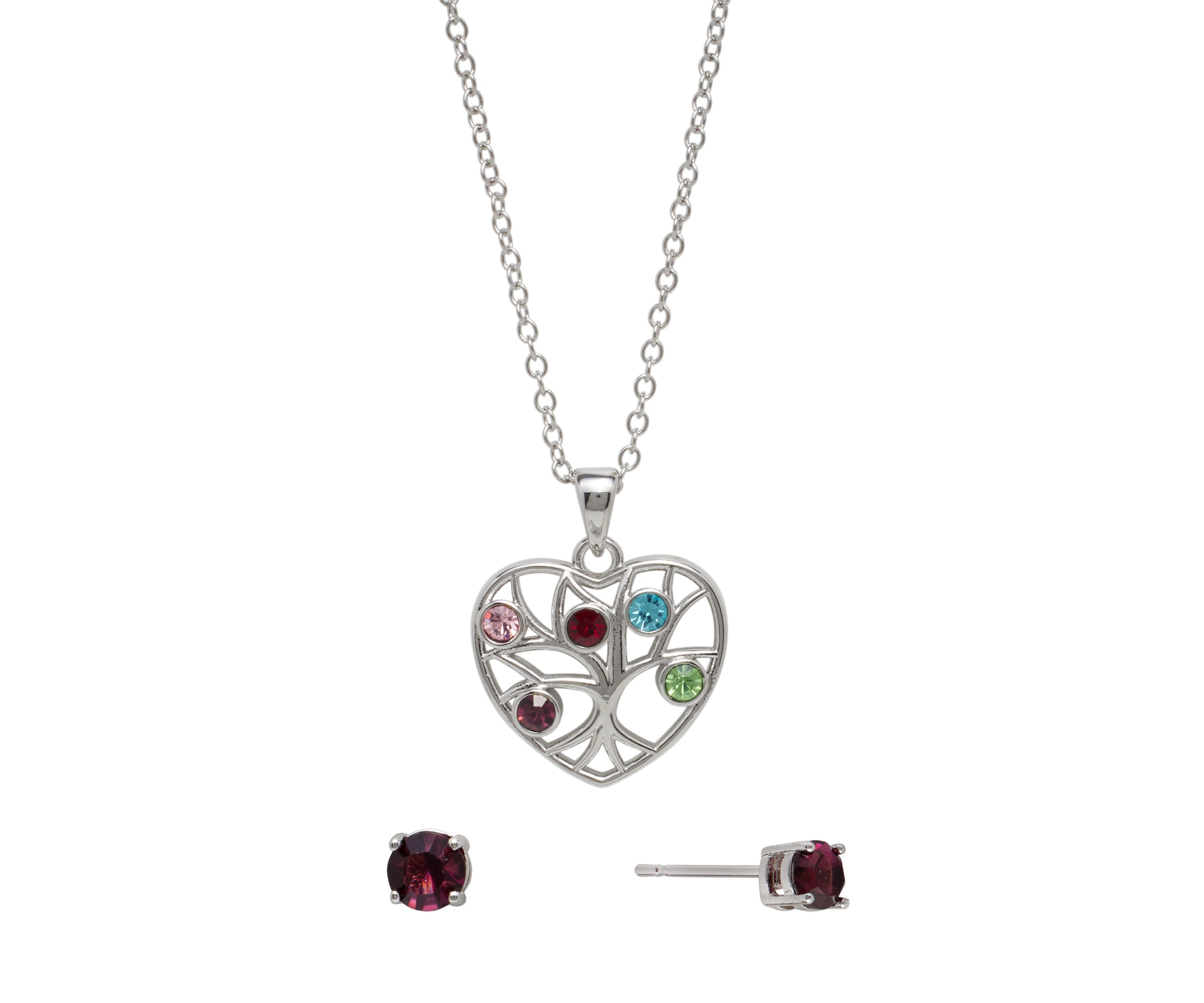 Silver Plated 18" Multi Color Crystal Tree of Life Heart Necklace and 4 Millimeter Stud Earring Set - Boxed