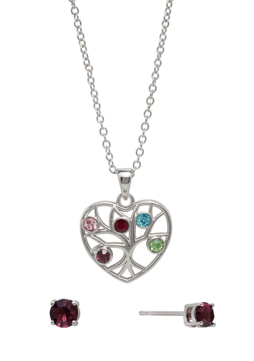 Silver Plated 18" Multi Color Crystal Tree of Life Heart Necklace and 4 Millimeter Stud Earring Set - Boxed