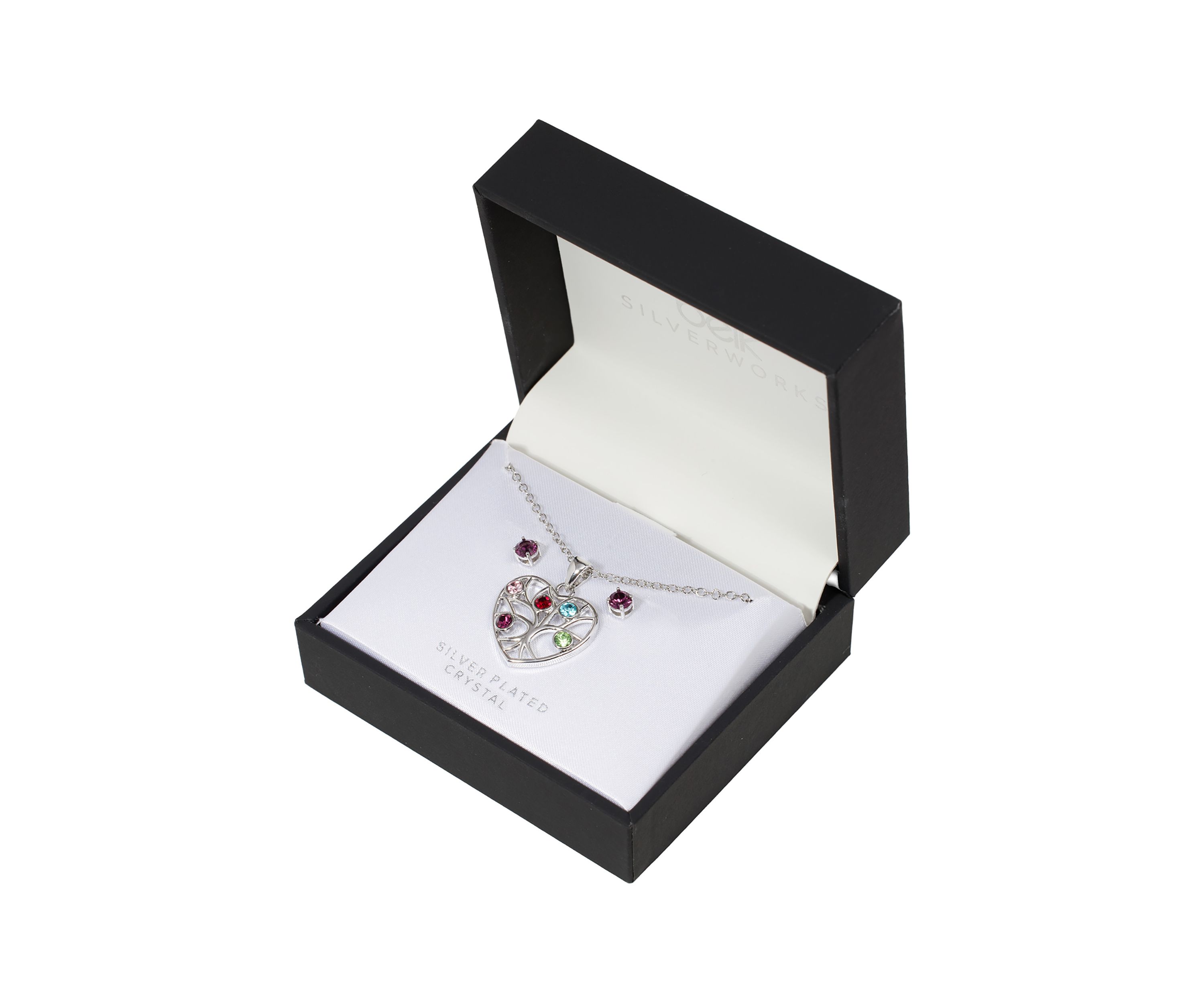 Silver Plated 18" Multi Color Crystal Tree of Life Heart Necklace and 4 Millimeter Stud Earring Set - Boxed