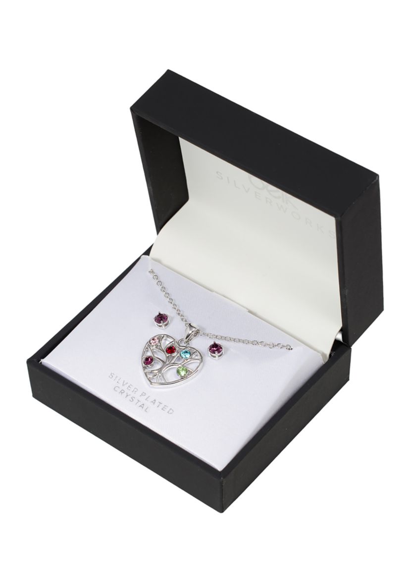 Silver Plated 18" Multi Color Crystal Tree of Life Heart Necklace and 4 Millimeter Stud Earring Set - Boxed