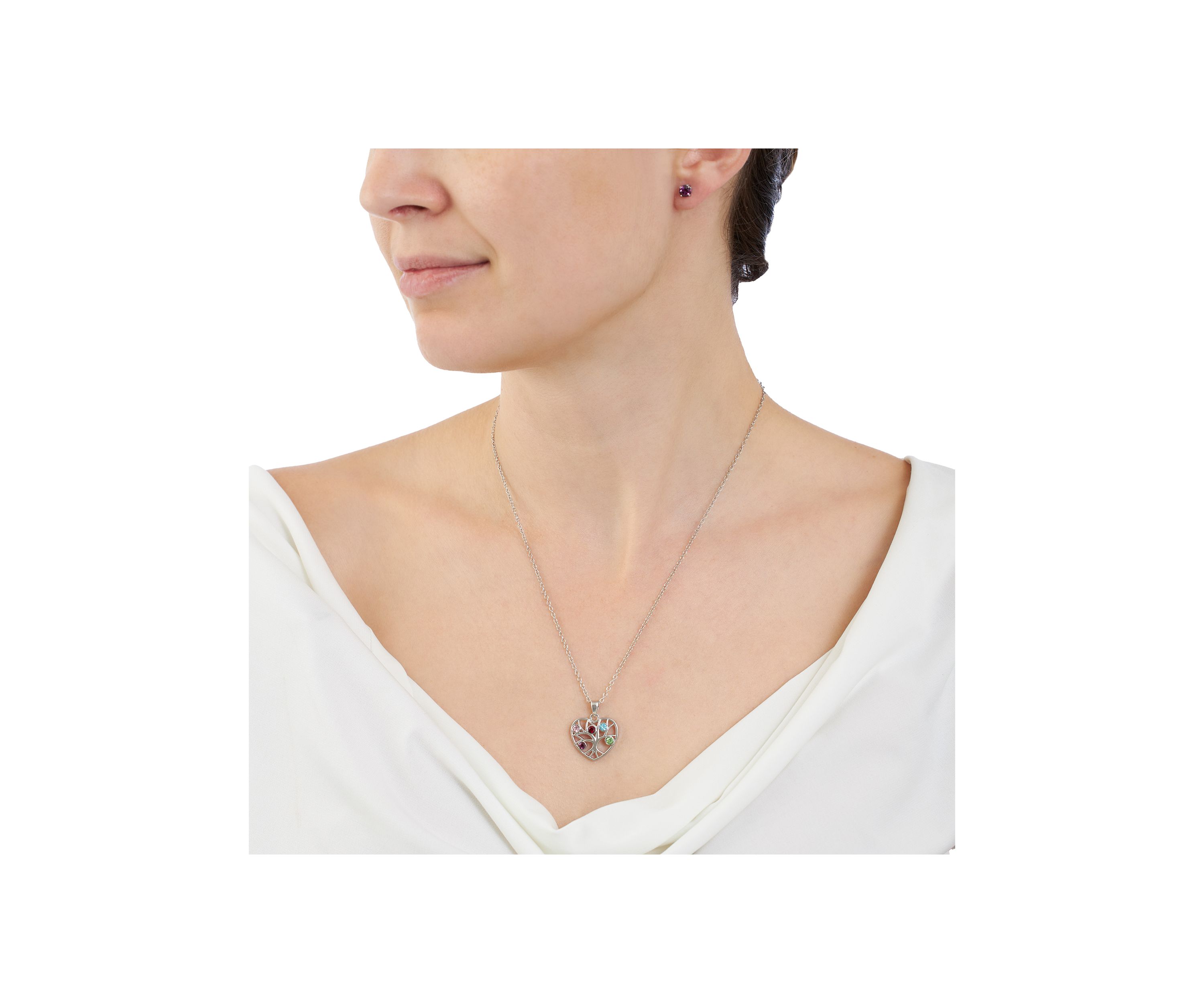 Silver Plated 18" Multi Color Crystal Tree of Life Heart Necklace and 4 Millimeter Stud Earring Set - Boxed