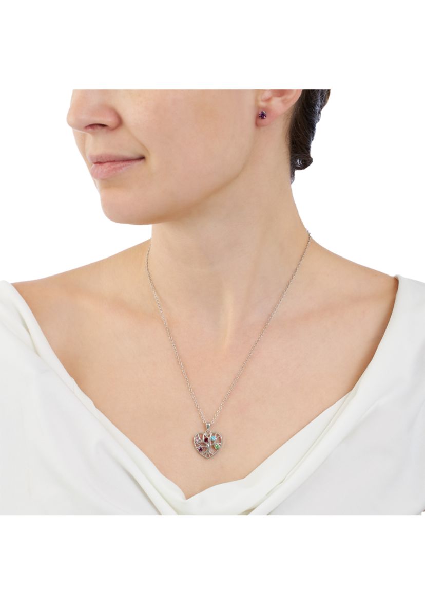 Silver Plated 18" Multi Color Crystal Tree of Life Heart Necklace and 4 Millimeter Stud Earring Set - Boxed