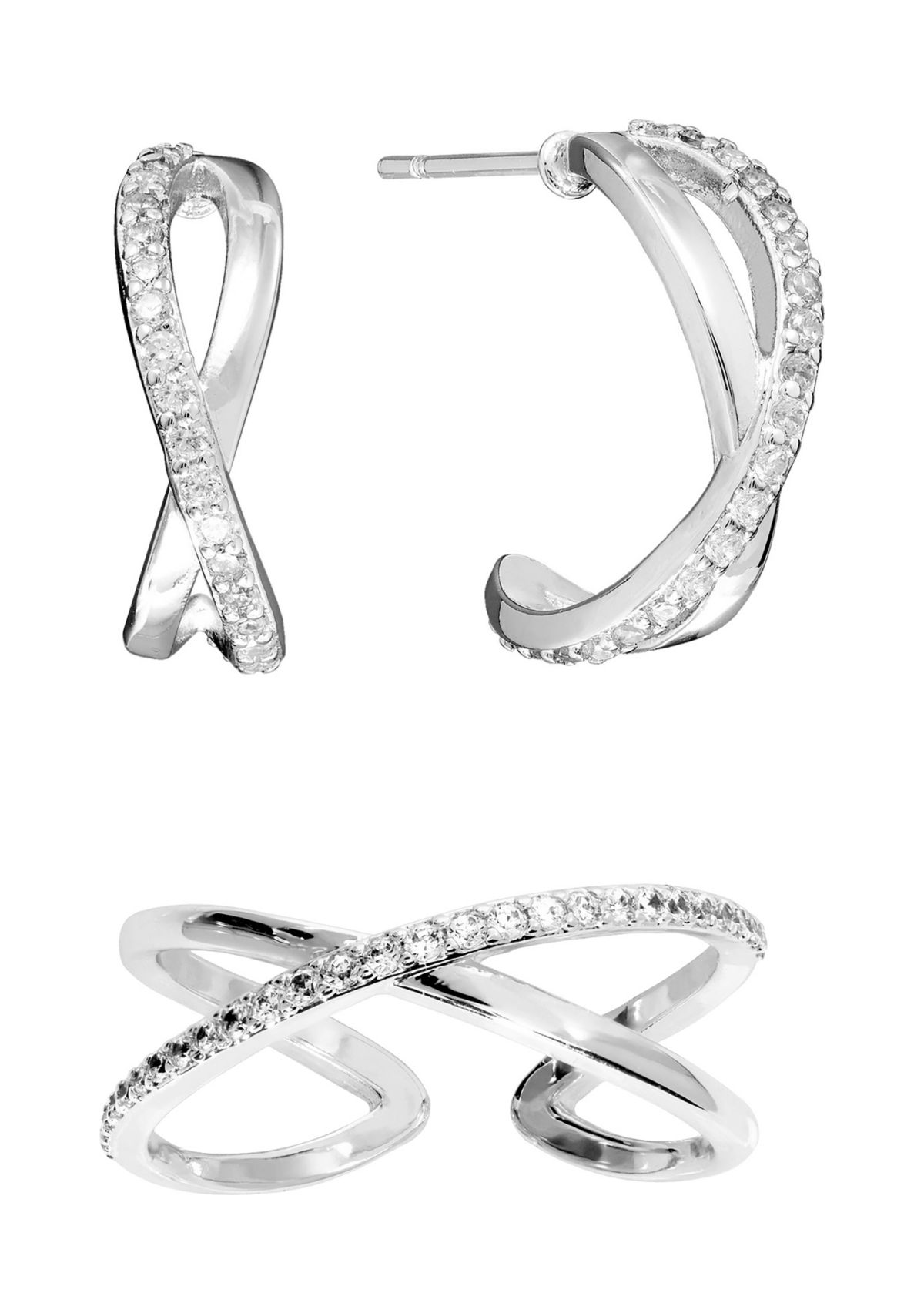 Cubic Zirconia Criss Cross Post Hoop and Adjustable Band Ring Set