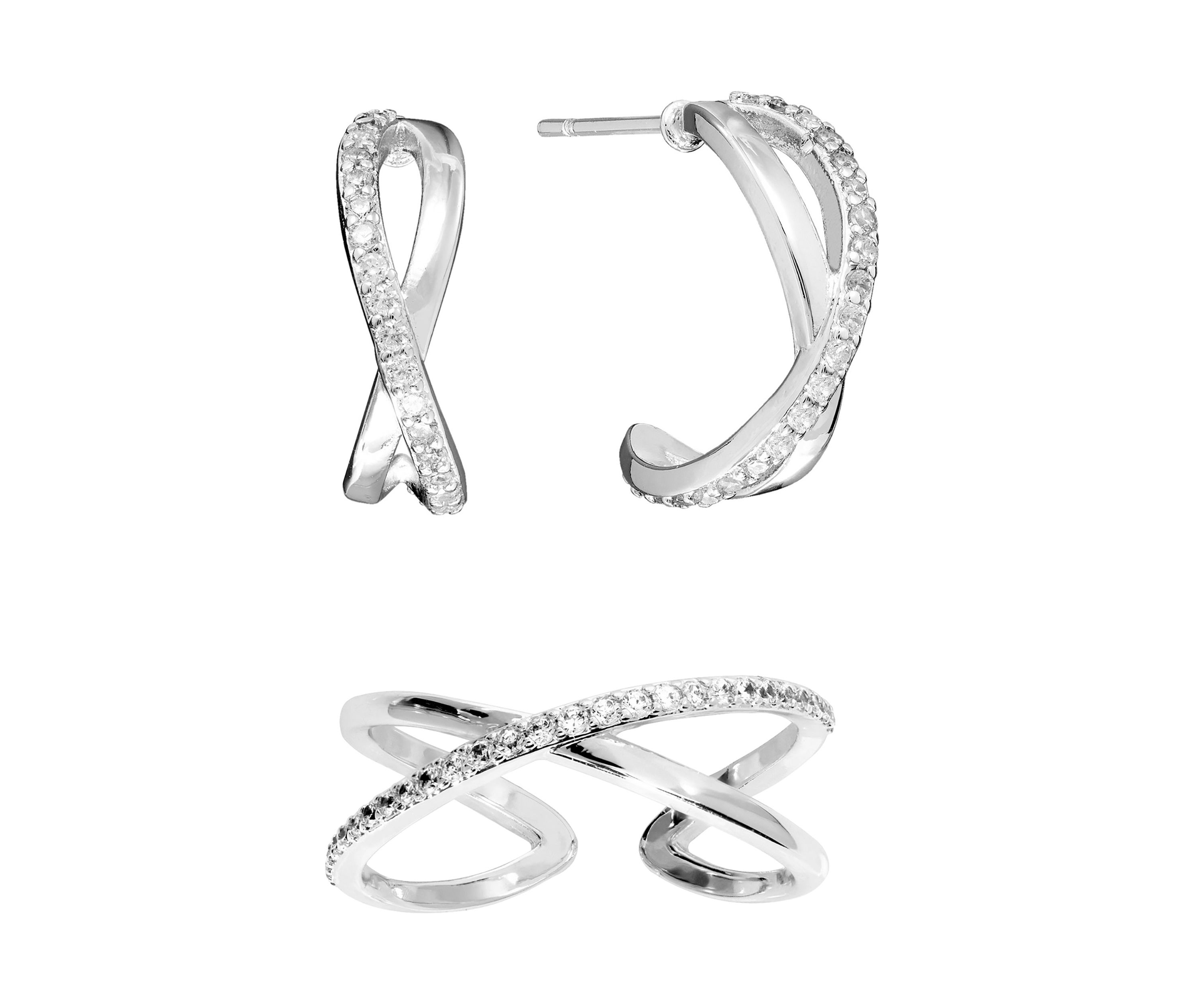 Cubic Zirconia Criss Cross Post Hoop and Adjustable Band Ring Set