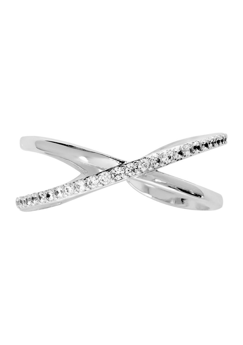 Cubic Zirconia Criss Cross Post Hoop and Adjustable Band Ring Set