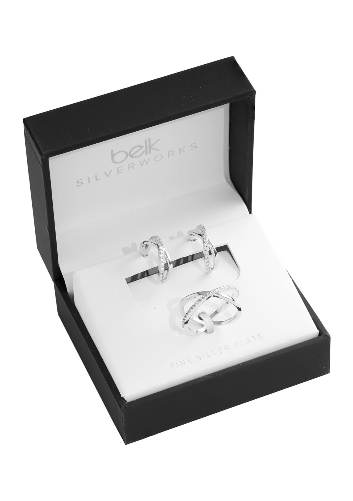 Cubic Zirconia Criss Cross Post Hoop and Adjustable Band Ring Set
