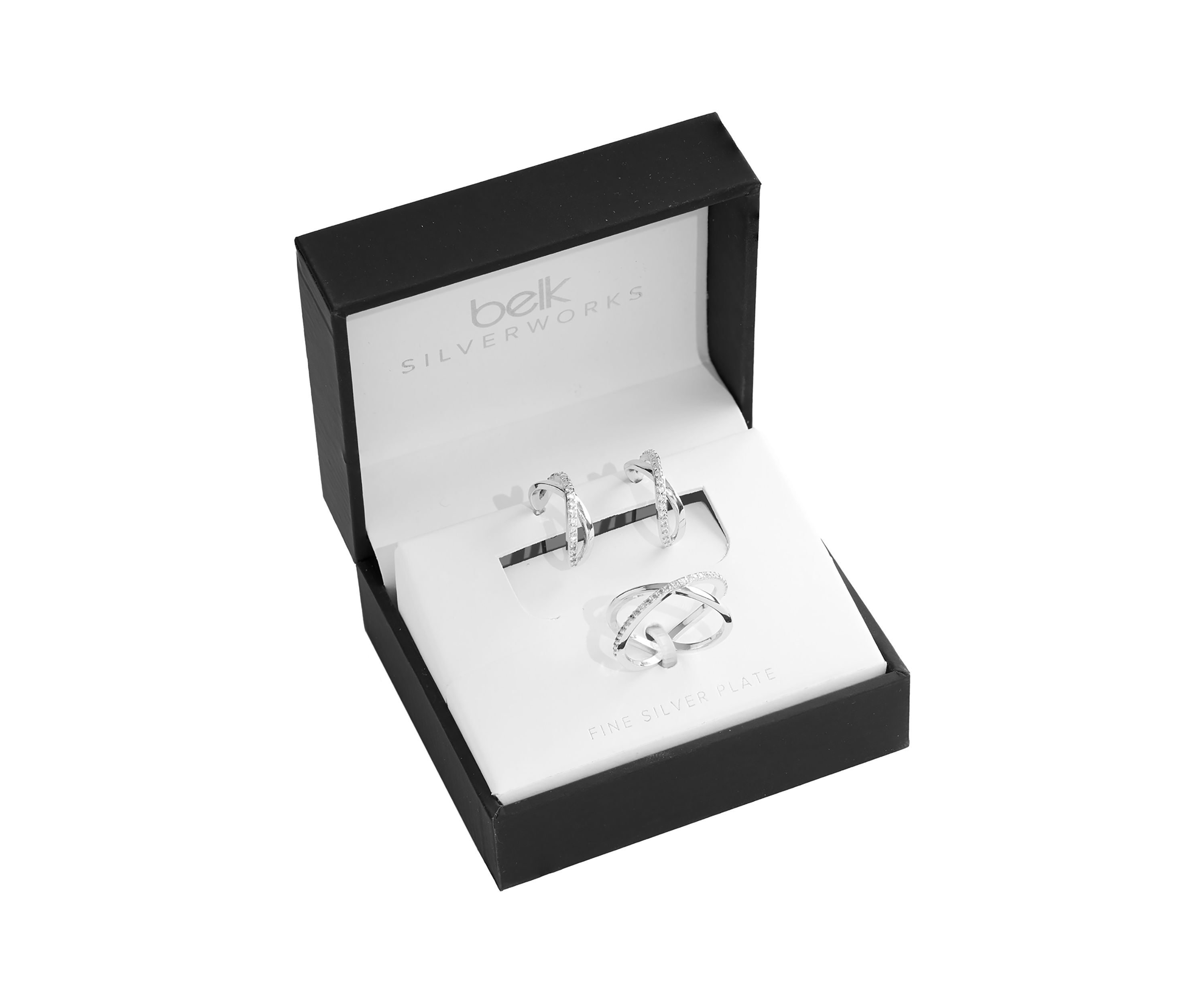 Cubic Zirconia Criss Cross Post Hoop and Adjustable Band Ring Set