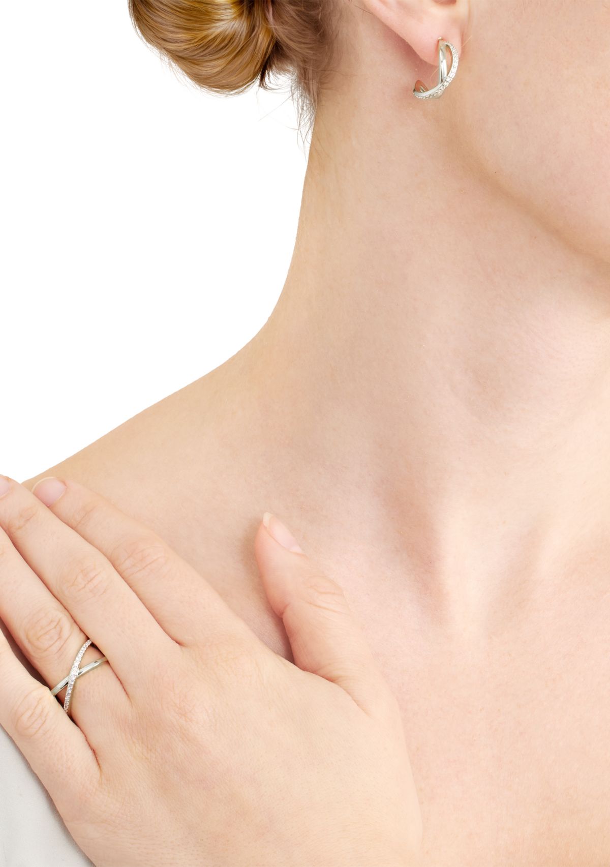 Cubic Zirconia Criss Cross Post Hoop and Adjustable Band Ring Set