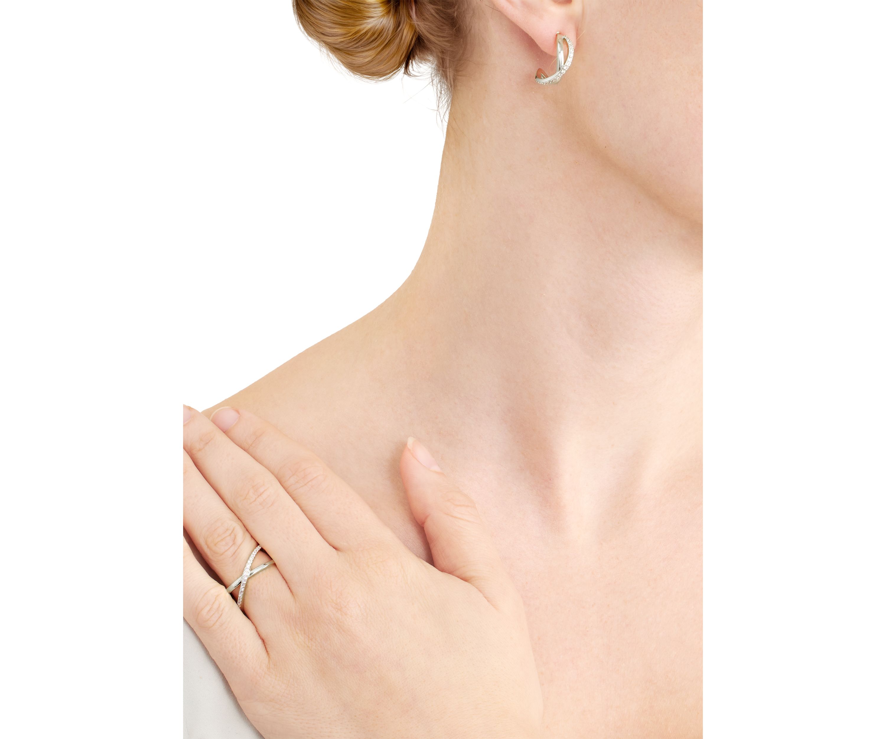 Cubic Zirconia Criss Cross Post Hoop and Adjustable Band Ring Set