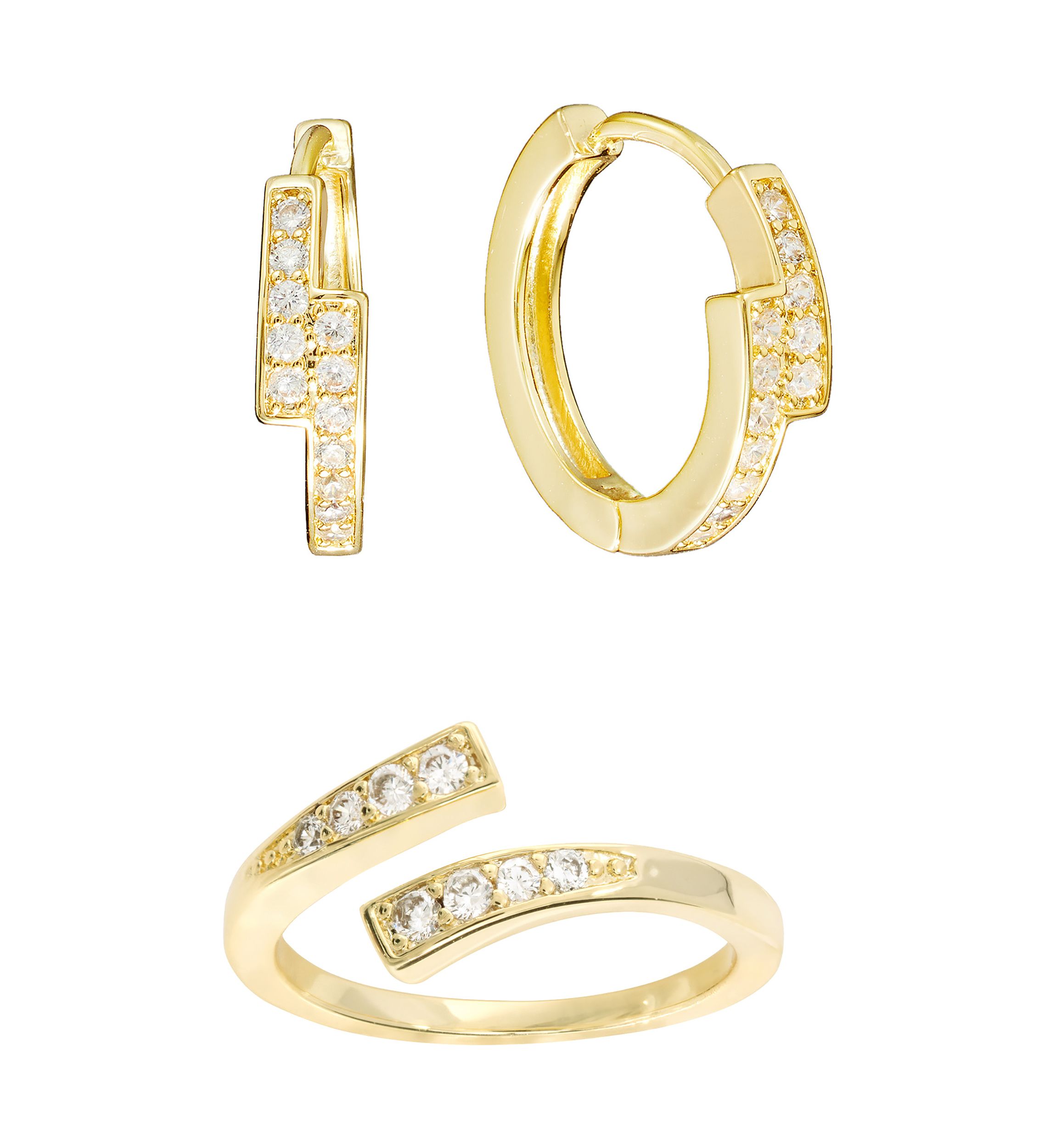 Boxed Gold Plated .63" Cubic Zirconia Huggie Hoop Earrings and Adjustable Ring Set
