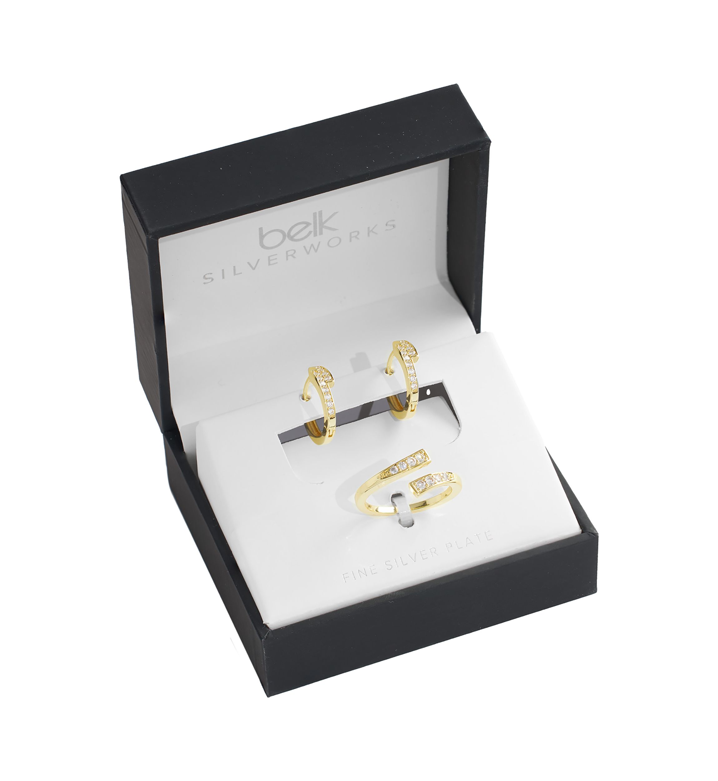Boxed Gold Plated .63" Cubic Zirconia Huggie Hoop Earrings and Adjustable Ring Set