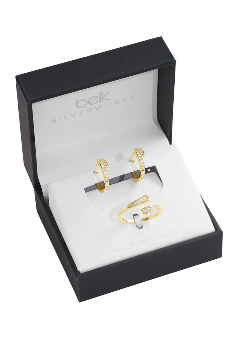 Boxed Gold Plated .63" Cubic Zirconia Huggie Hoop Earrings and Adjustable Ring Set
