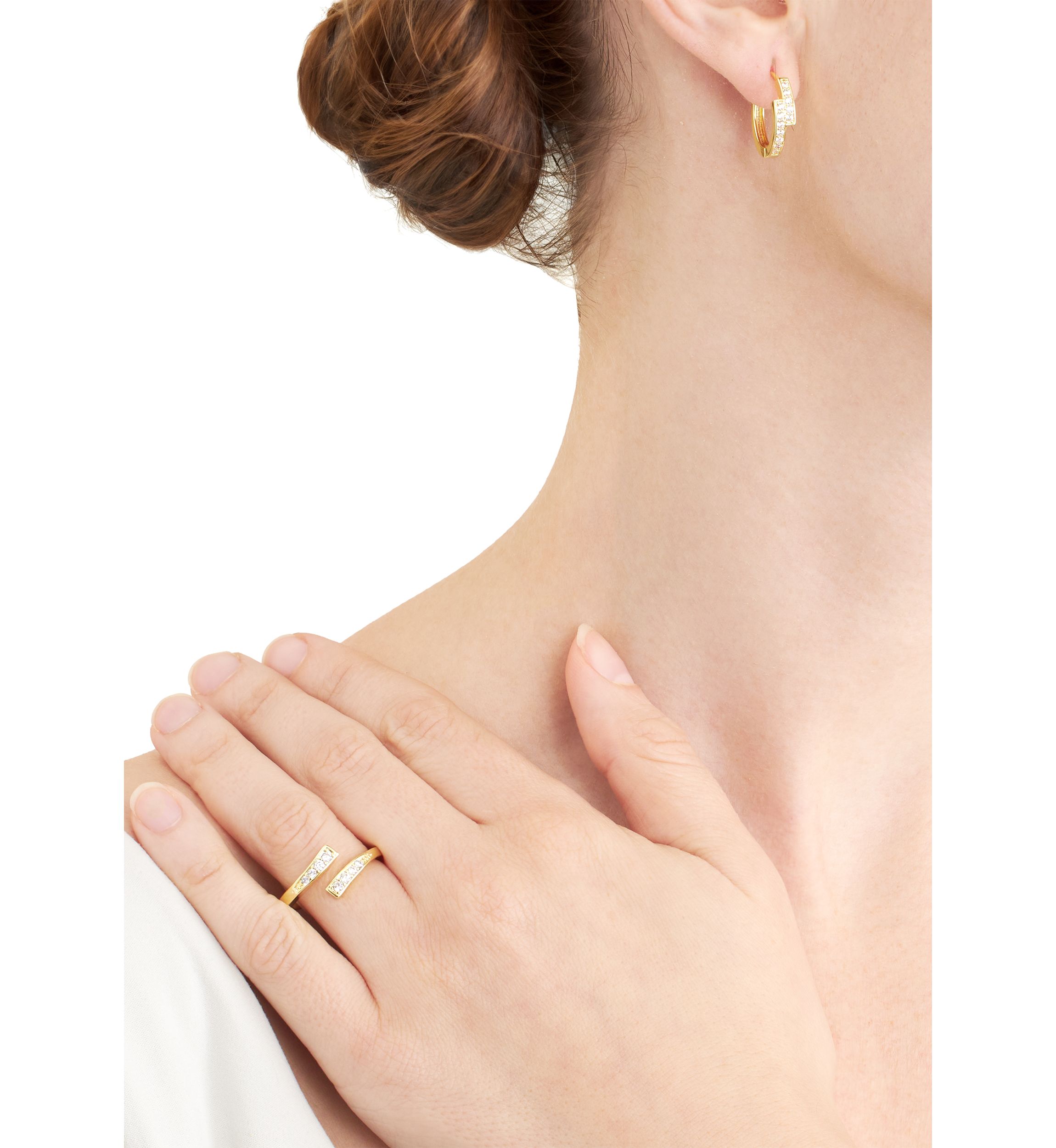 Boxed Gold Plated .63" Cubic Zirconia Huggie Hoop Earrings and Adjustable Ring Set