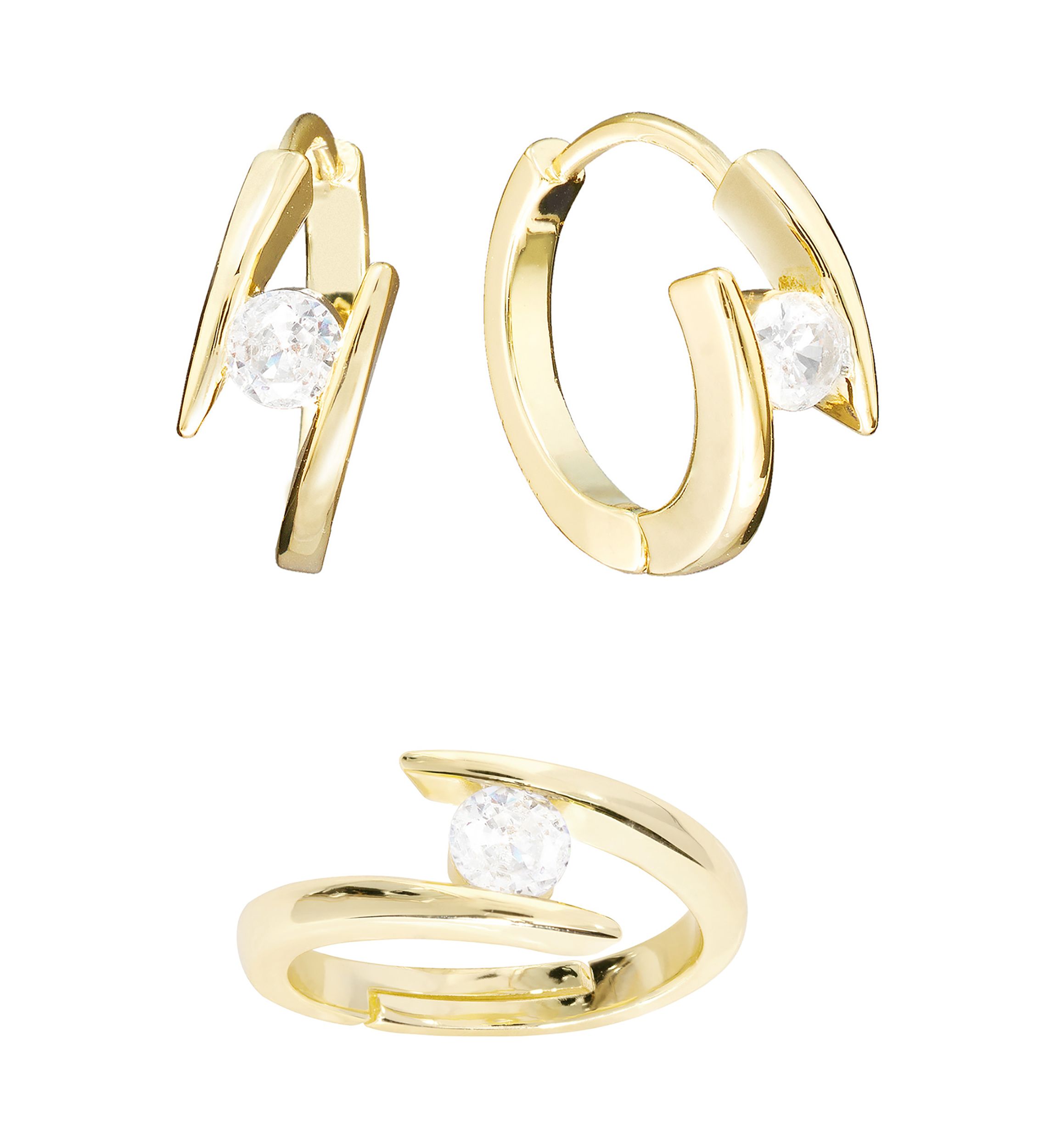 Boxed Gold Plated Cubic Zirconia Split Huggie Hoop Earrings and Adjustable Ring Set