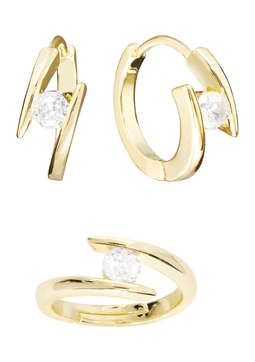 Boxed Gold Plated Cubic Zirconia Split Huggie Hoop Earrings and Adjustable Ring Set