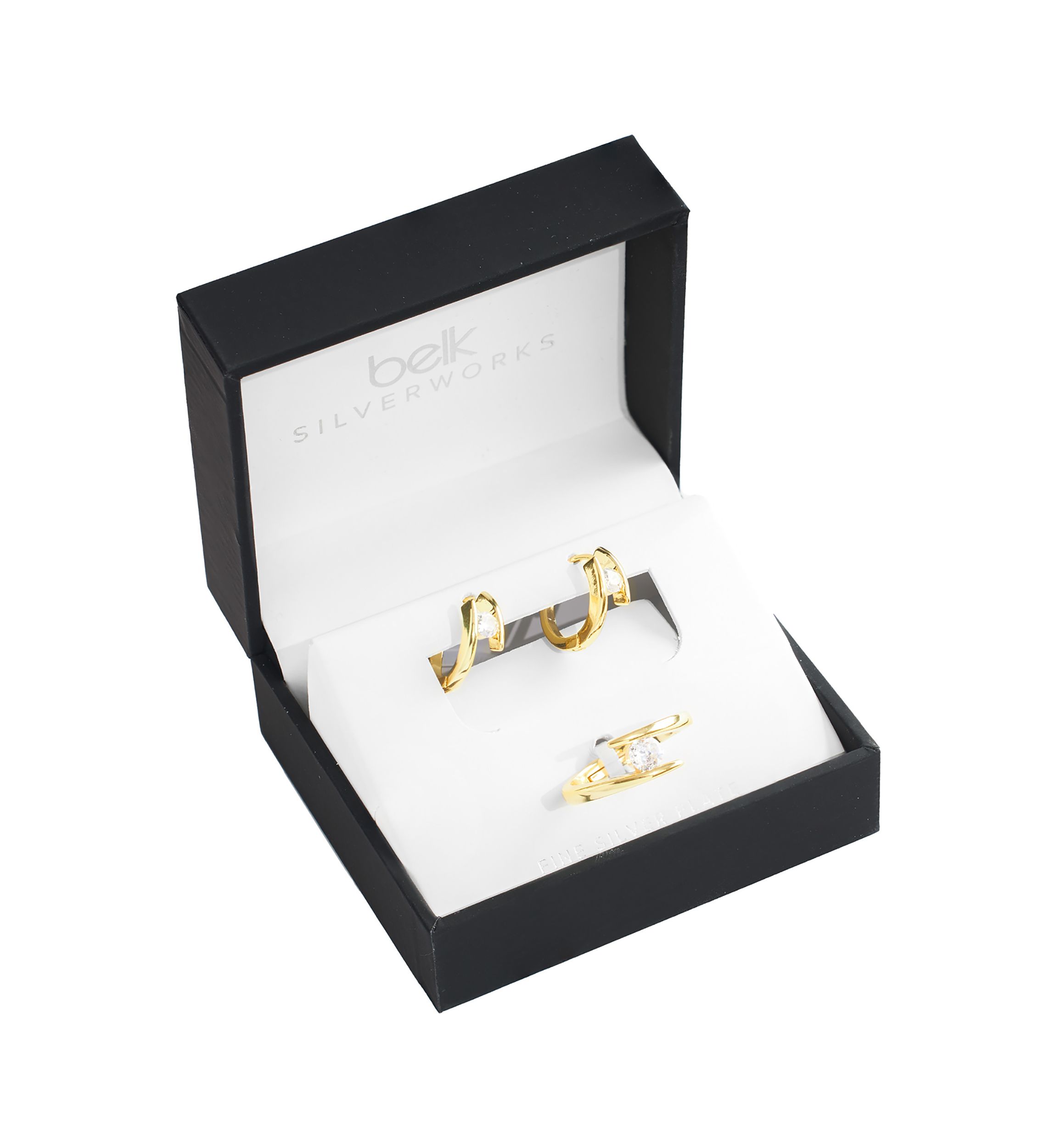 Boxed Gold Plated Cubic Zirconia Split Huggie Hoop Earrings and Adjustable Ring Set