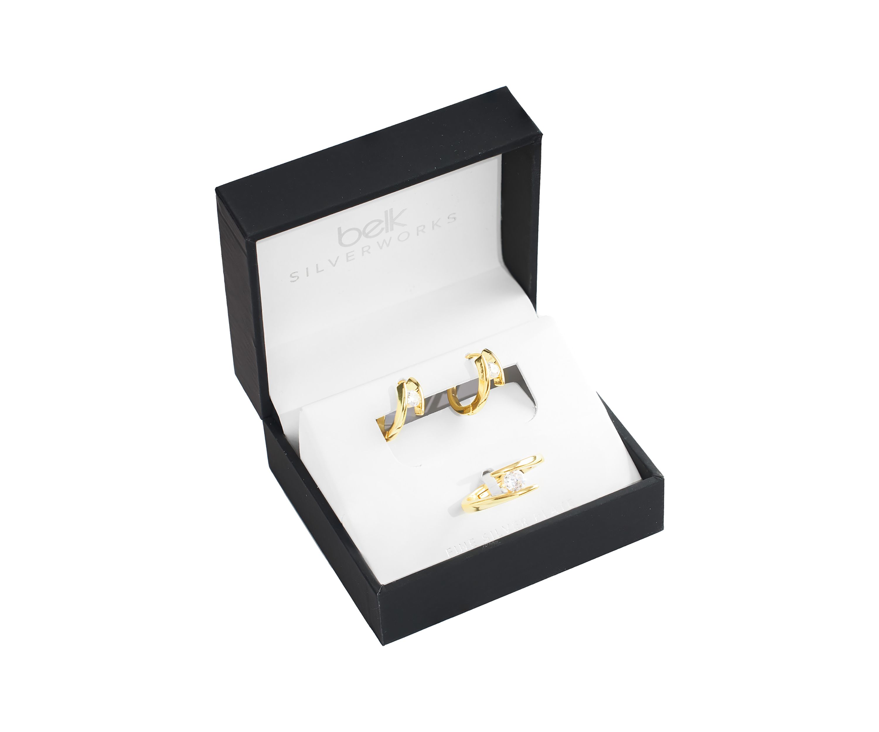 Boxed Gold Plated Cubic Zirconia Split Huggie Hoop Earrings and Adjustable Ring Set